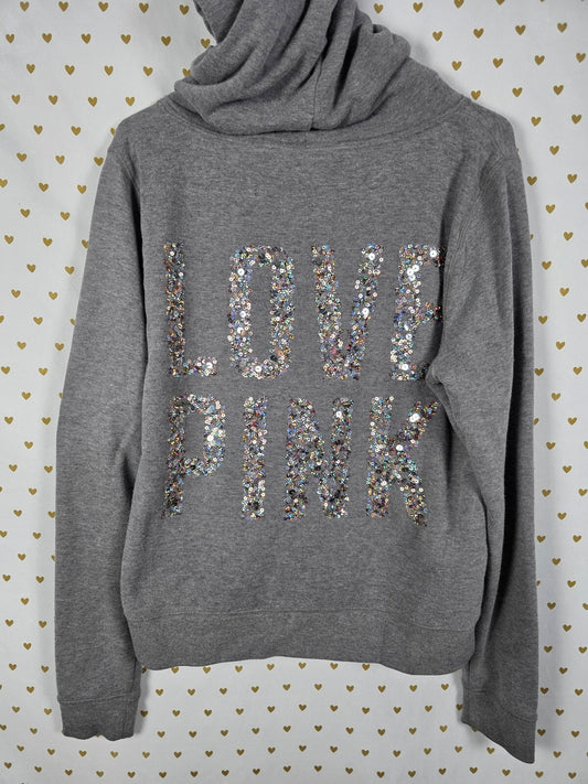 Victorias Secret Pink LOVE Bling Sequined Full zip Hoodie Jacket LARGE
