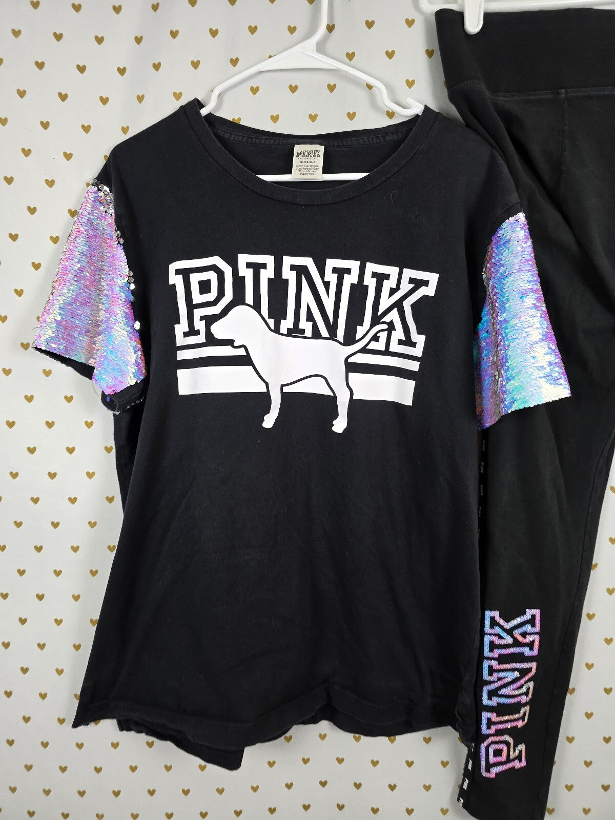 Victorias Secret PINK Mermaid Bling Large Flip Sequin SET 2pc Yoga Pants Tee L