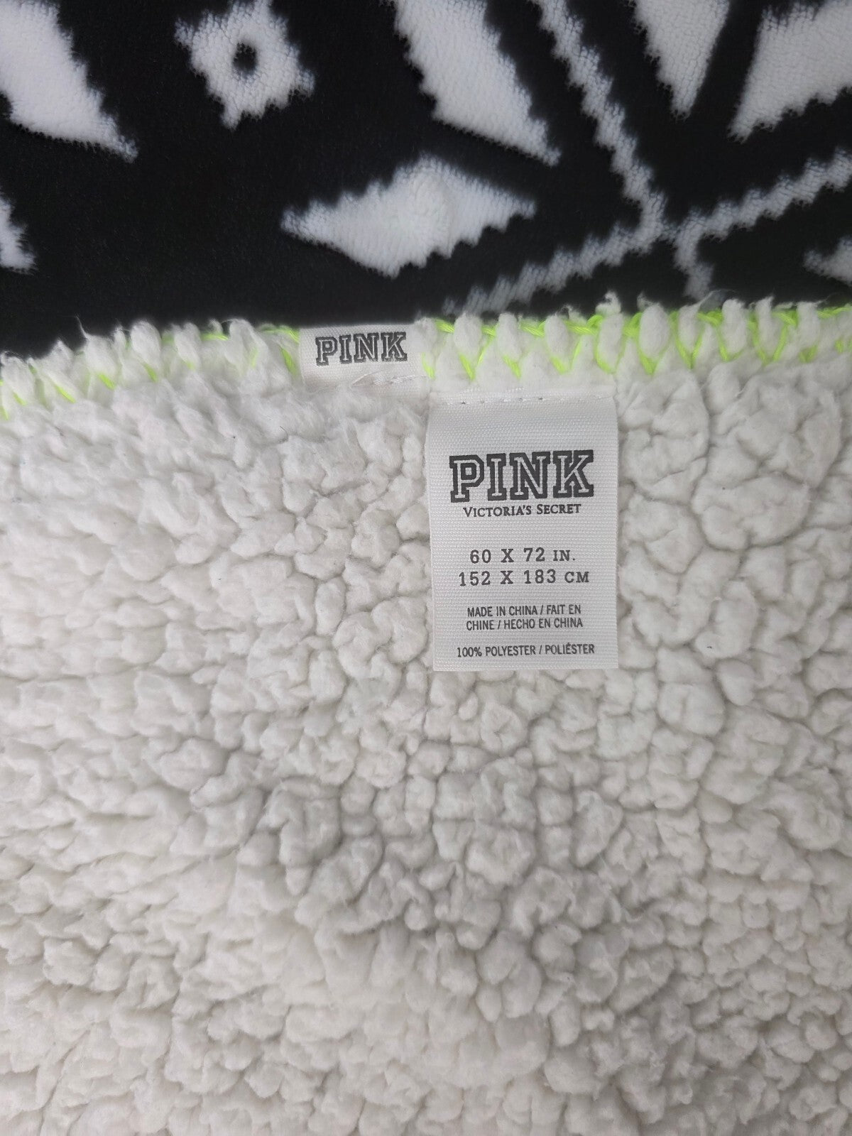 Victoria's Secret PINK Sherpa Blanket Black White Fair Isle Snowflake 60x72
