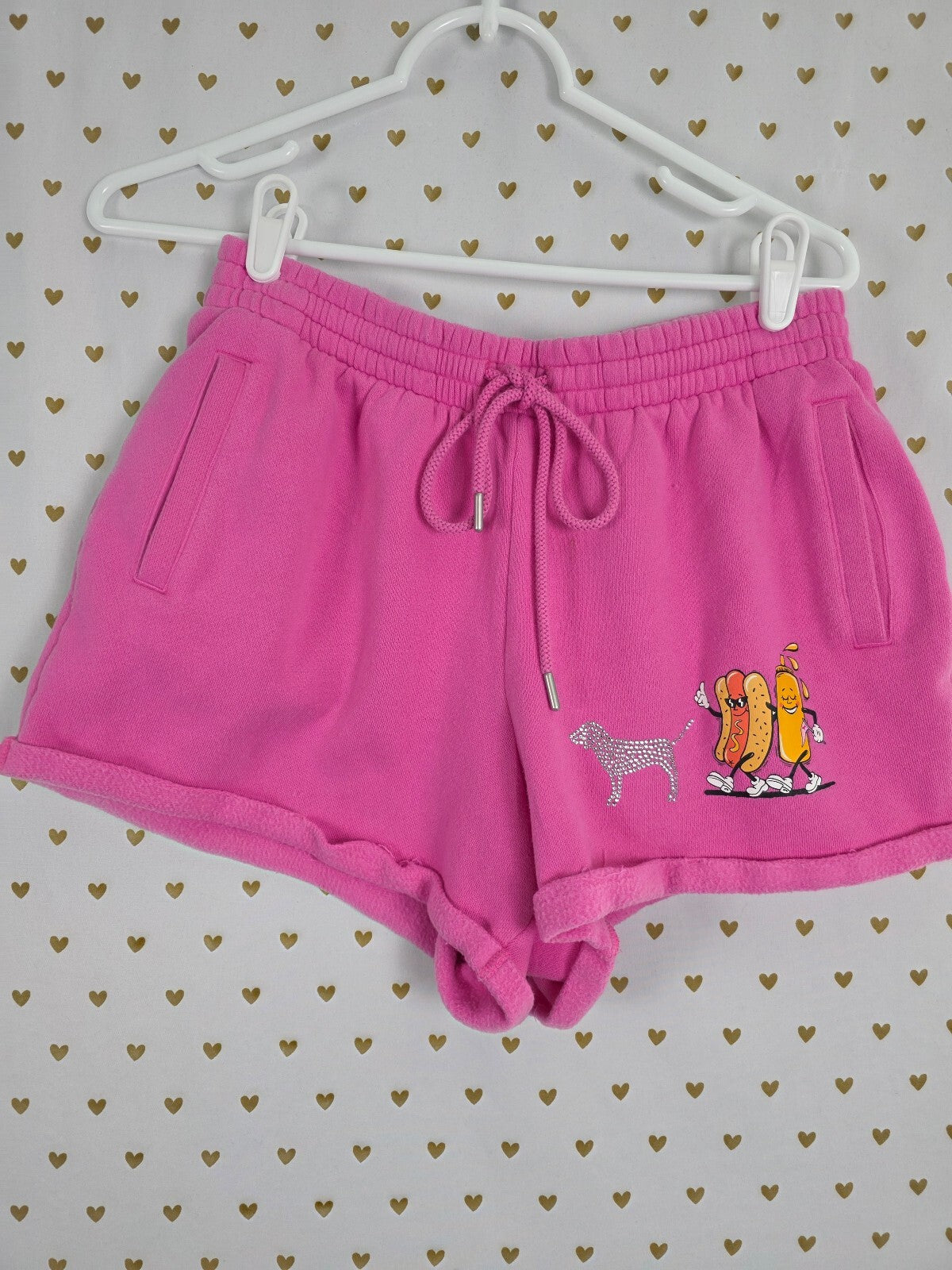 Victoria's Secret PINK Love Pink Hot Dog Rhinestone Zip Hoodie Shorts Set XS/S