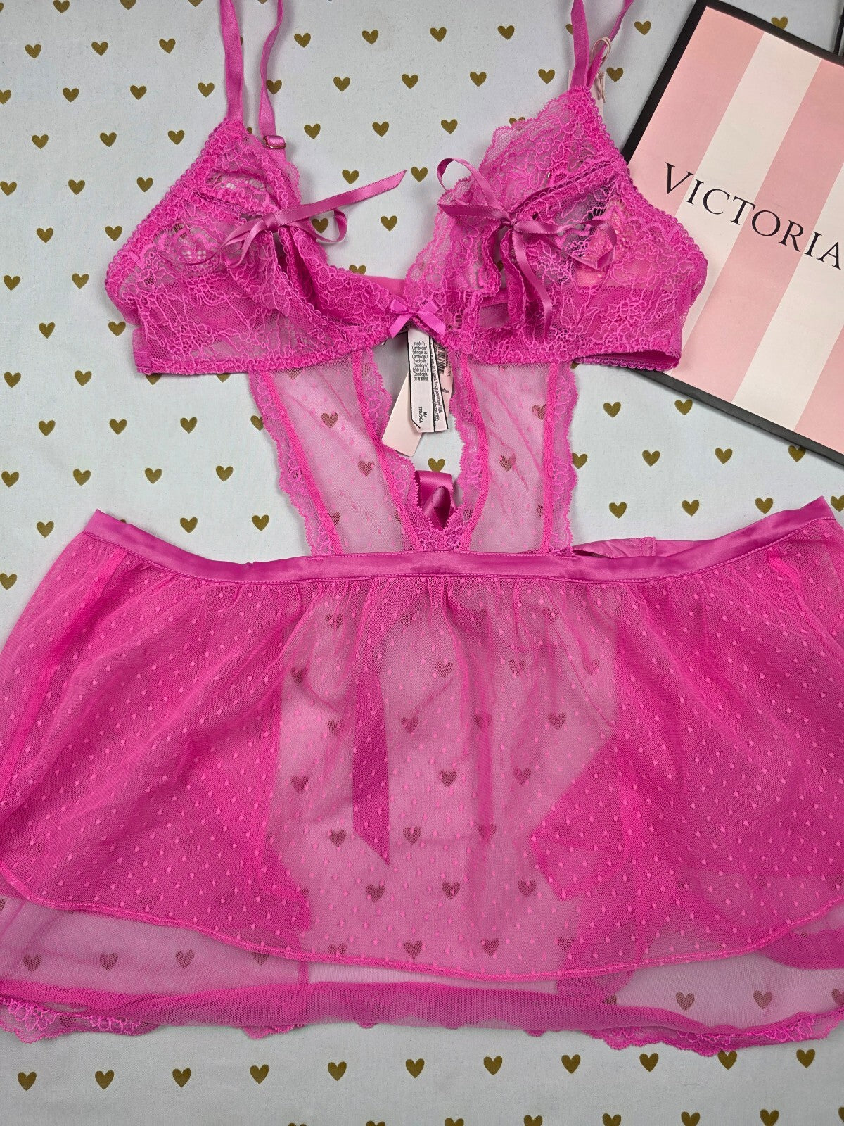 Victoria's Secret French Maid Costume Teddy G-String 2 Pc Set M NWT Hearts