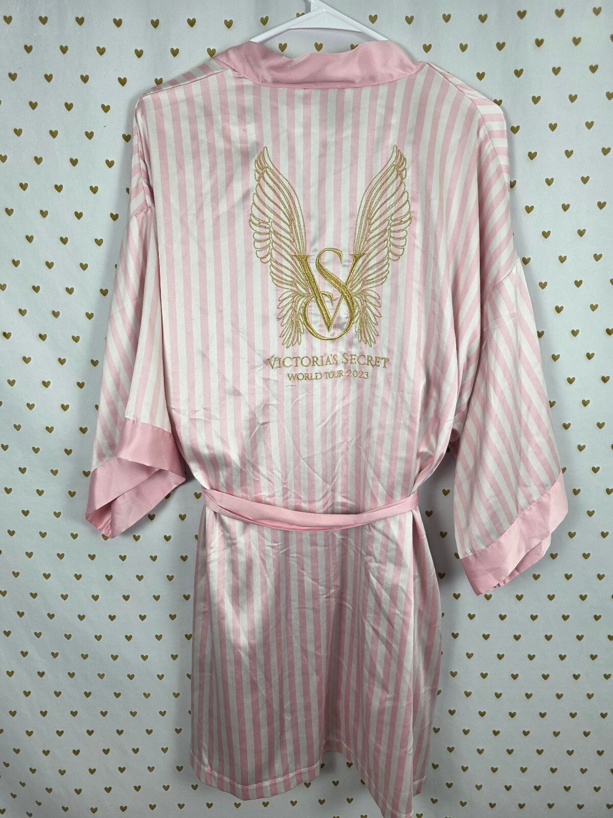 Victoria's Secret World Tour 2023 Satin Robe M/L Pink Stripe Gold Wings