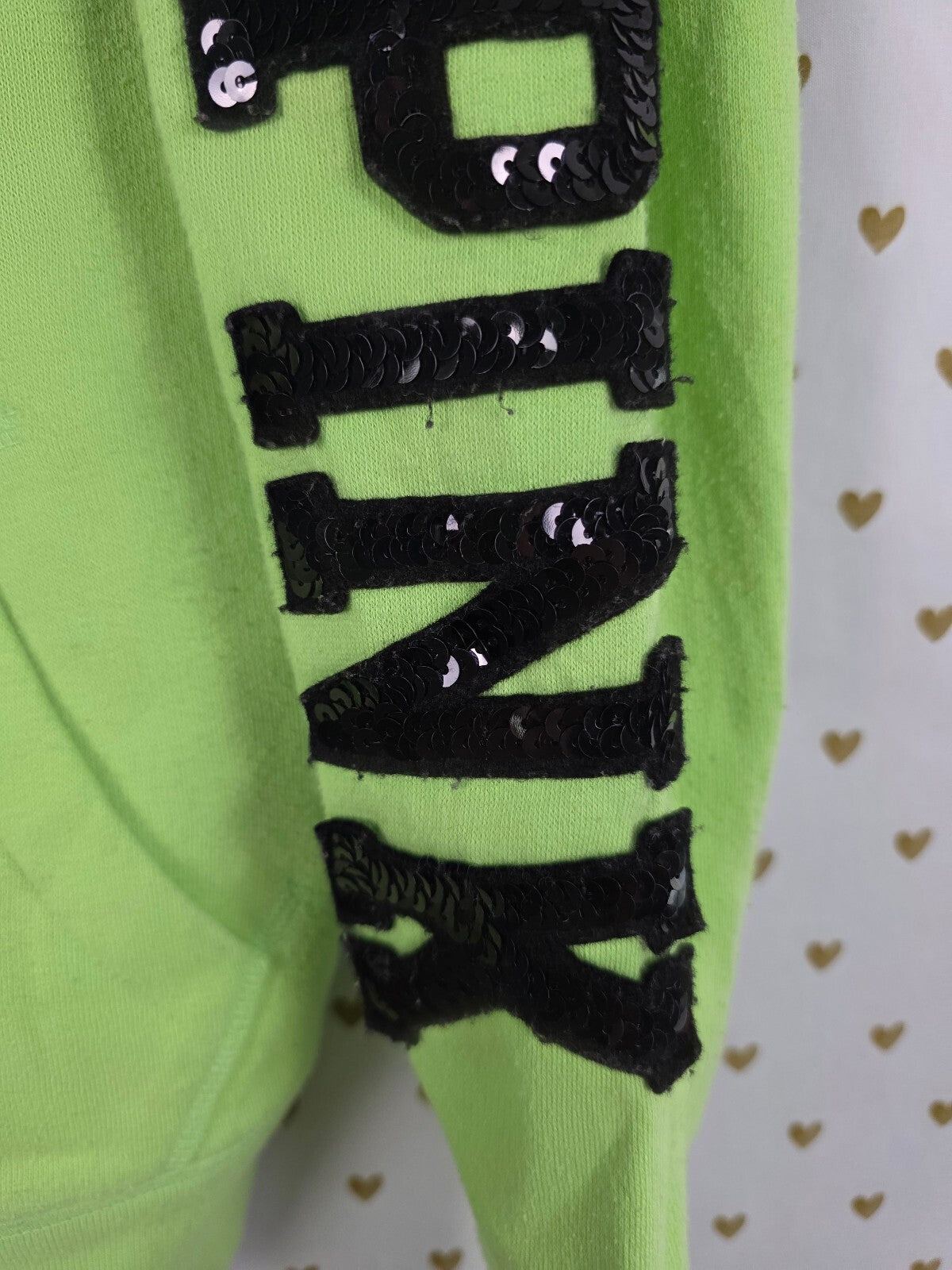 Victoria's Secret PINK Hoodie S Green Sequin LOVE PINK Faux Fur Full Zip BLING