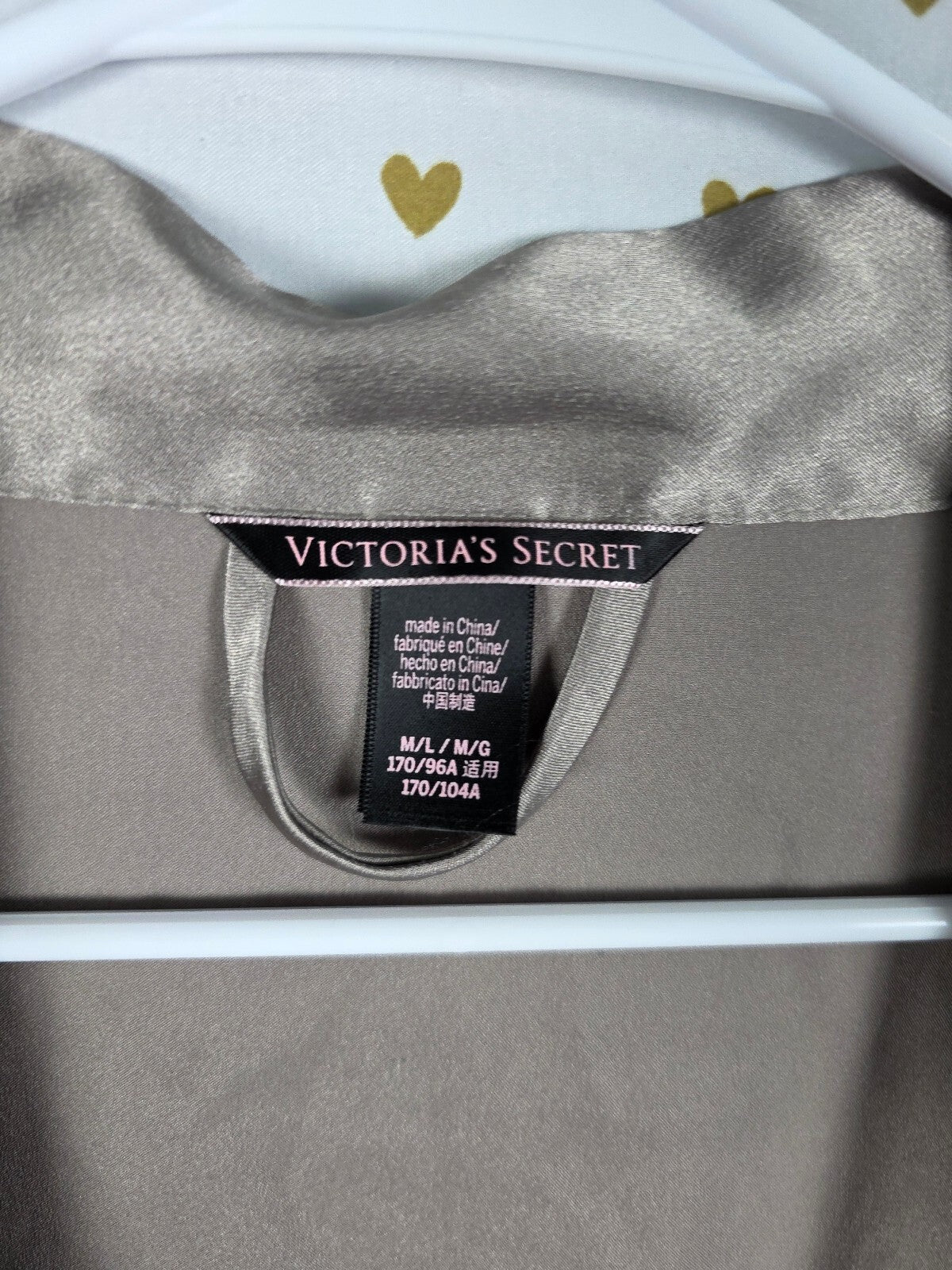 Victoria's Secret Satin Kimono Robe M/L Taupe Gray Burgundy Sash Short