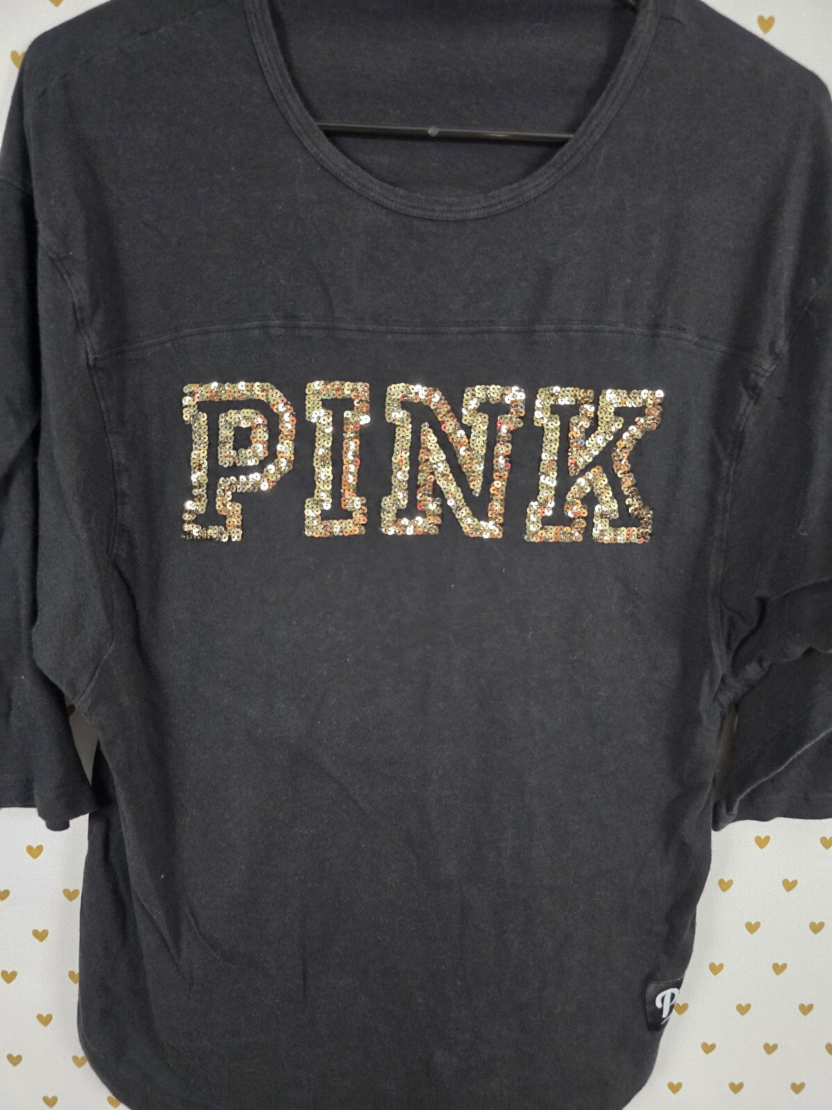 Victorias Secret PINK Gold Bling Sequined Quarter Sleeve Tee shirt Medium