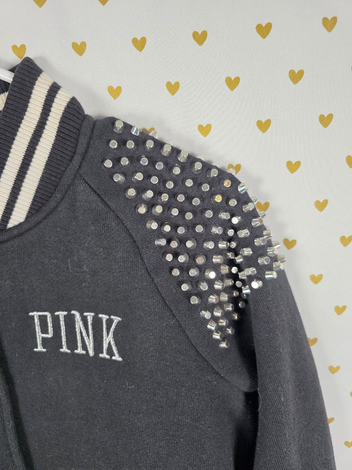 Victoria's Secret PINK Studded Spike Varsity Bomber Jacket Black Glam Rock y2k