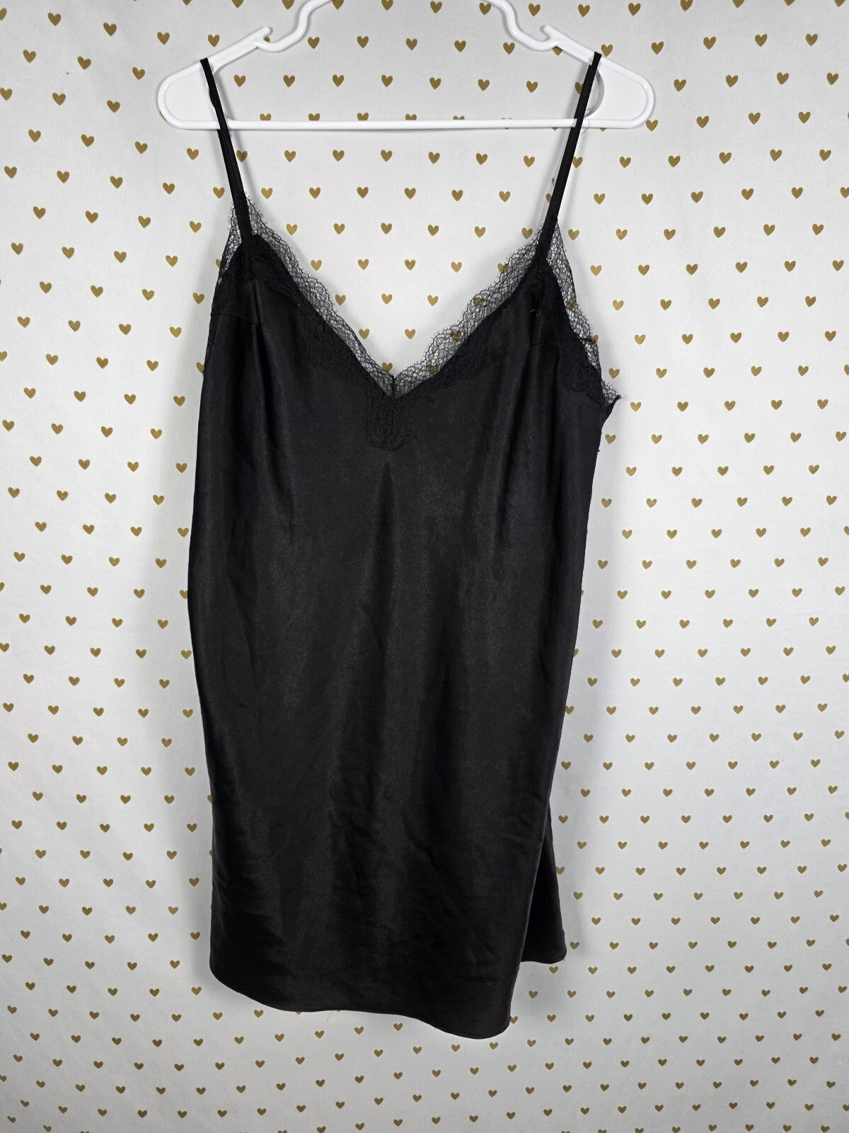 Victorias Secret Black Satin Slip Dress Lace accent LARGE Nightie Lingerie
