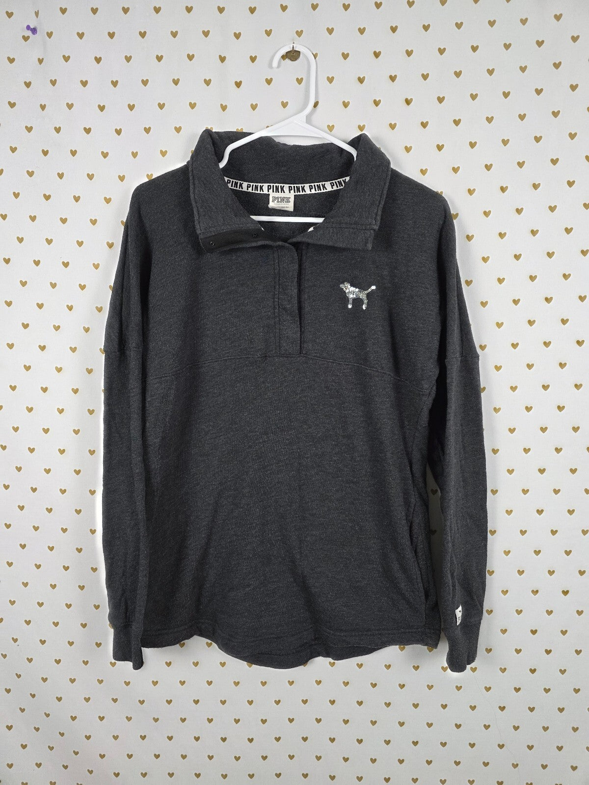 Victoria's Secret PINK Love Sequin Dog Pullover Sweatshirt Gray Y2K xs Oversized