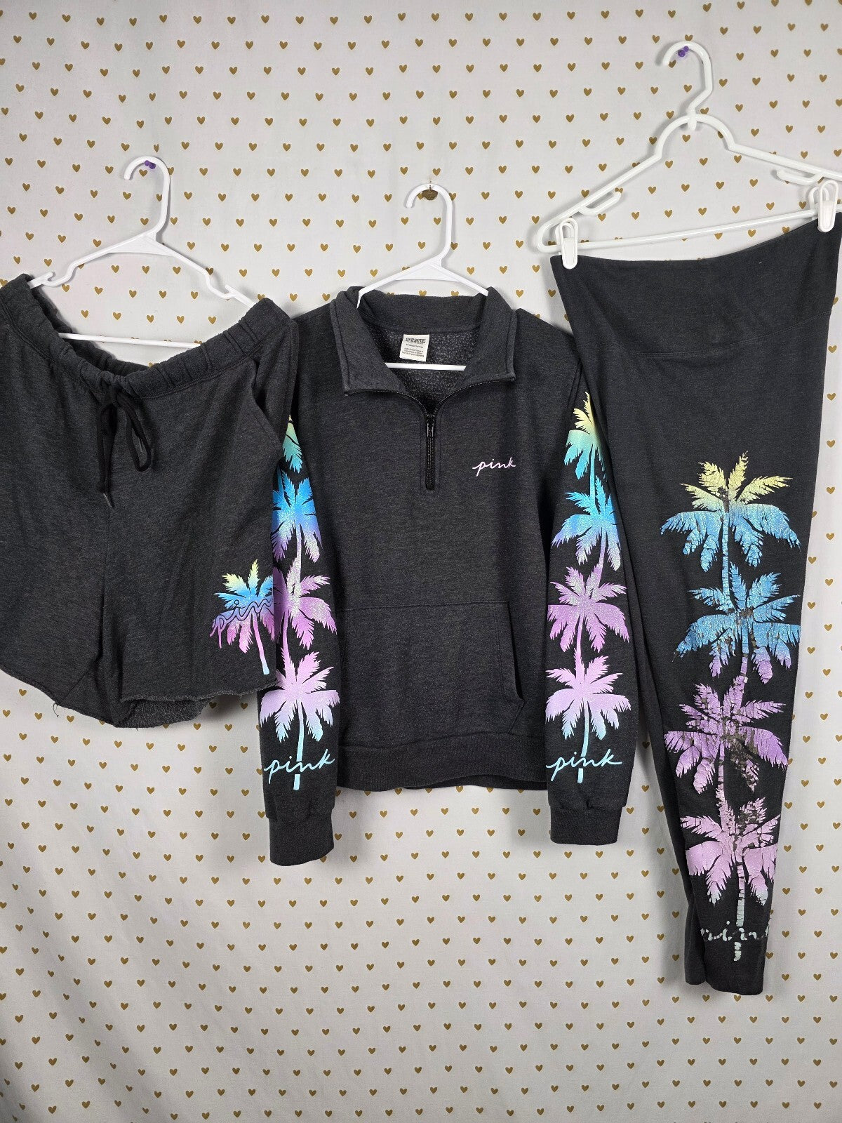 Victoria's Secret PINK Palm Tree 3PC Set Sweatshirt Leggings Shorts XL