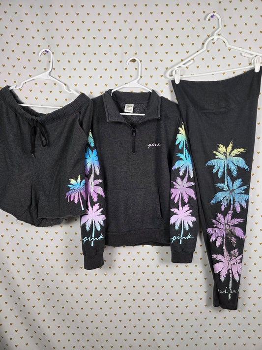 Victoria's Secret PINK Palm Tree 3PC Set Sweatshirt Leggings Shorts XL