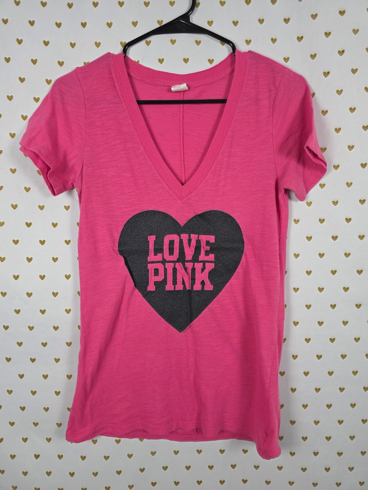 Victorias Secret PINK BLING GLITTER Heart Logo V neck tee shirt SMALL