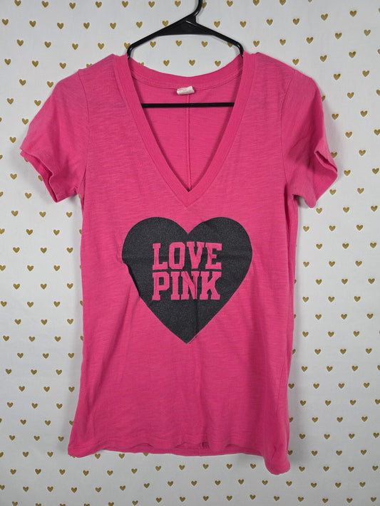 Victorias Secret PINK BLING GLITTER Heart Logo V neck tee shirt SMALL