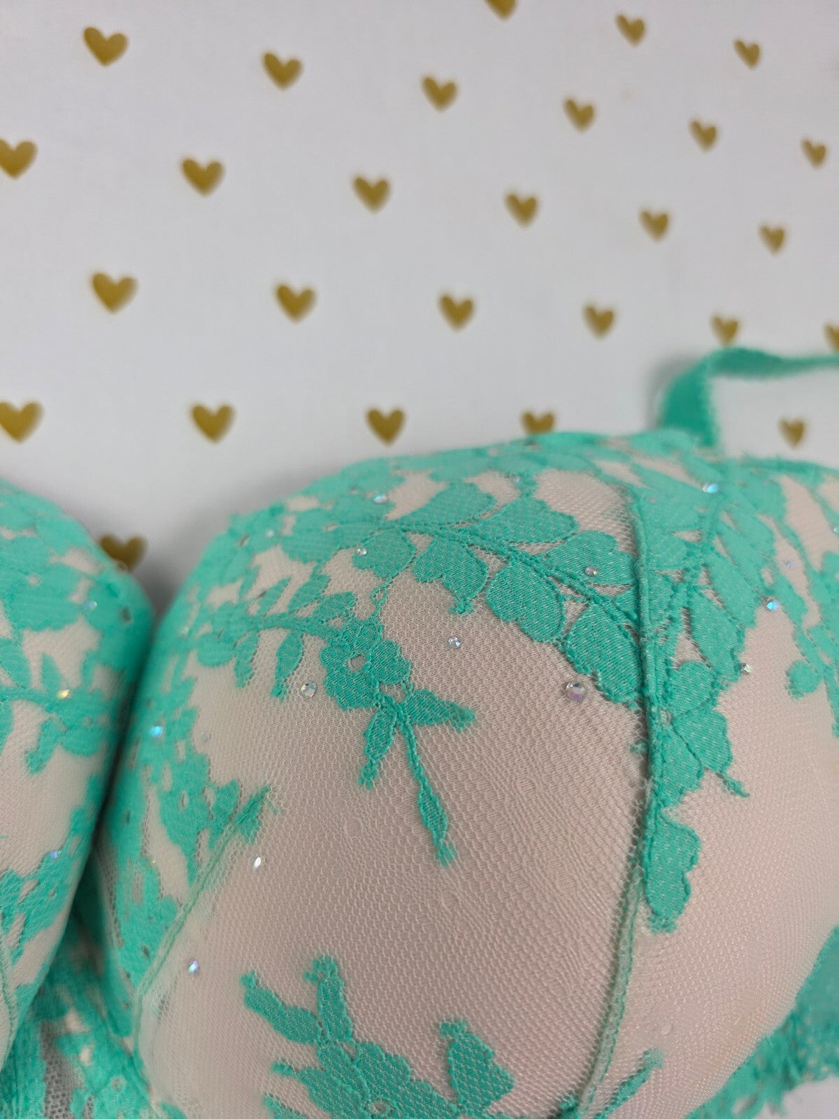 Victorias Secret Mint Bling Dream angels Lined Demi Balconette Bra 38DDD 38F