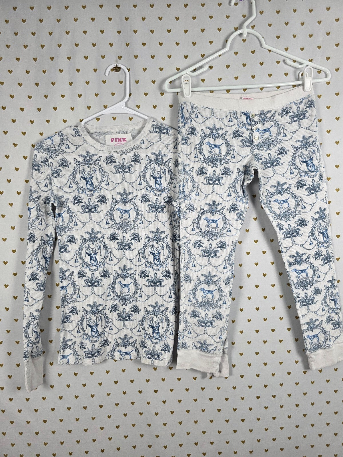 Victoria's Secret PINK Vintage Thermal Pajama Set S Deer Dog Toile Y2K