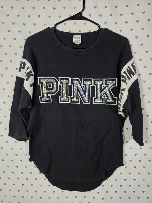 Victorias Secret PINK BLING Quarter Sleeve Logo Tee shirt Silver Sequined XS