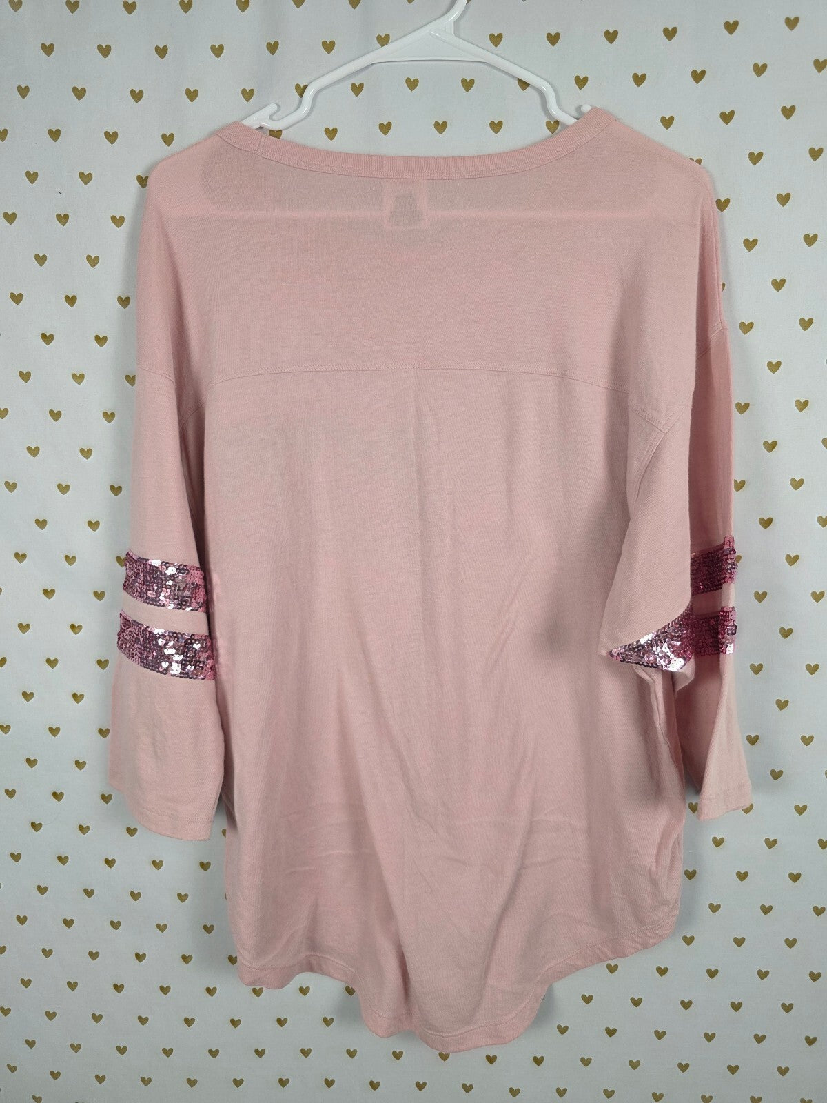 Victorias Secret PINK Bling Logo Sequined Quarter Sleeve Tee shirt Medium Oversz