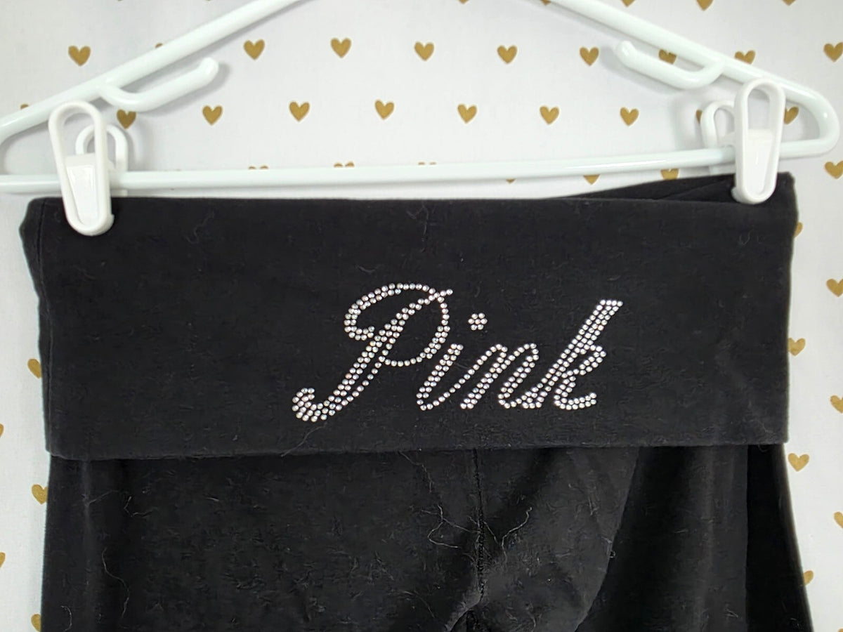 Victorias Secret PINK Bling Studded Logo Foldover Yoga Pants Flare Black Small