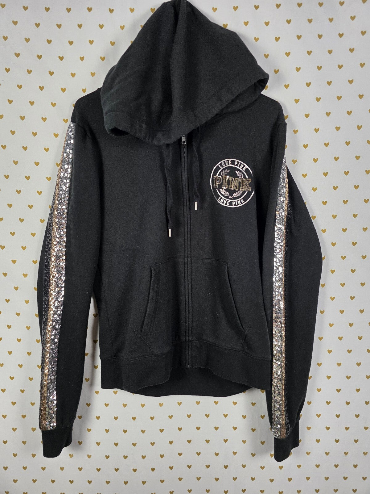 Victoria's Secret PINK Limited Edition BLING Sequin Zip Hoodie Black Gold L