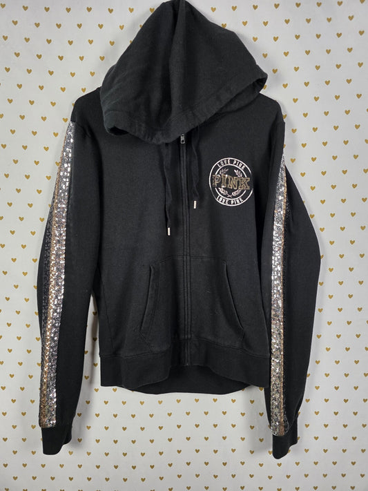Victoria's Secret PINK Limited Edition BLING Sequin Zip Hoodie Black Gold L