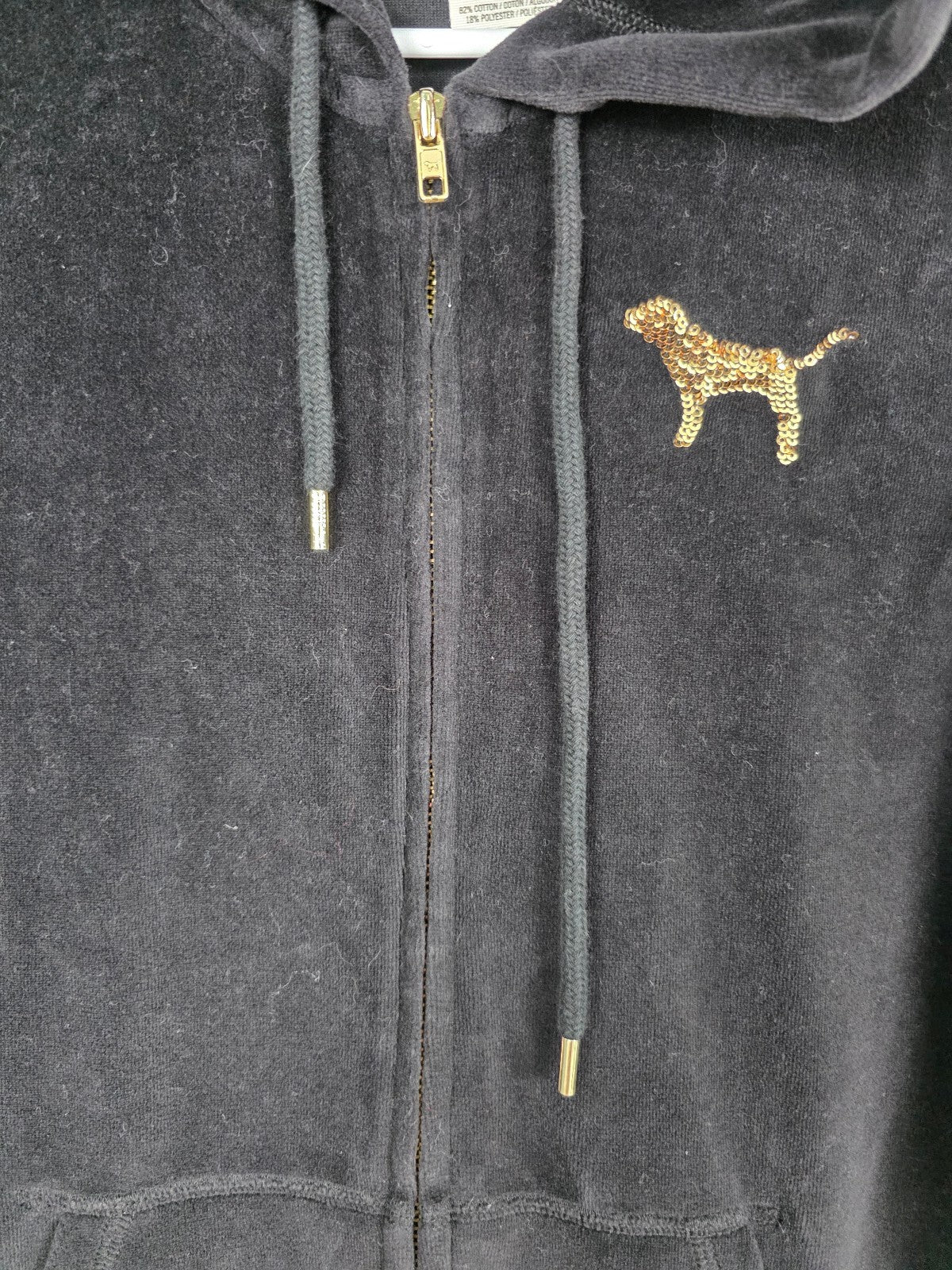 Victorias Secret Pink Vintage VELOUR BLING Hoodie Sequined Jacket Gold Black MED
