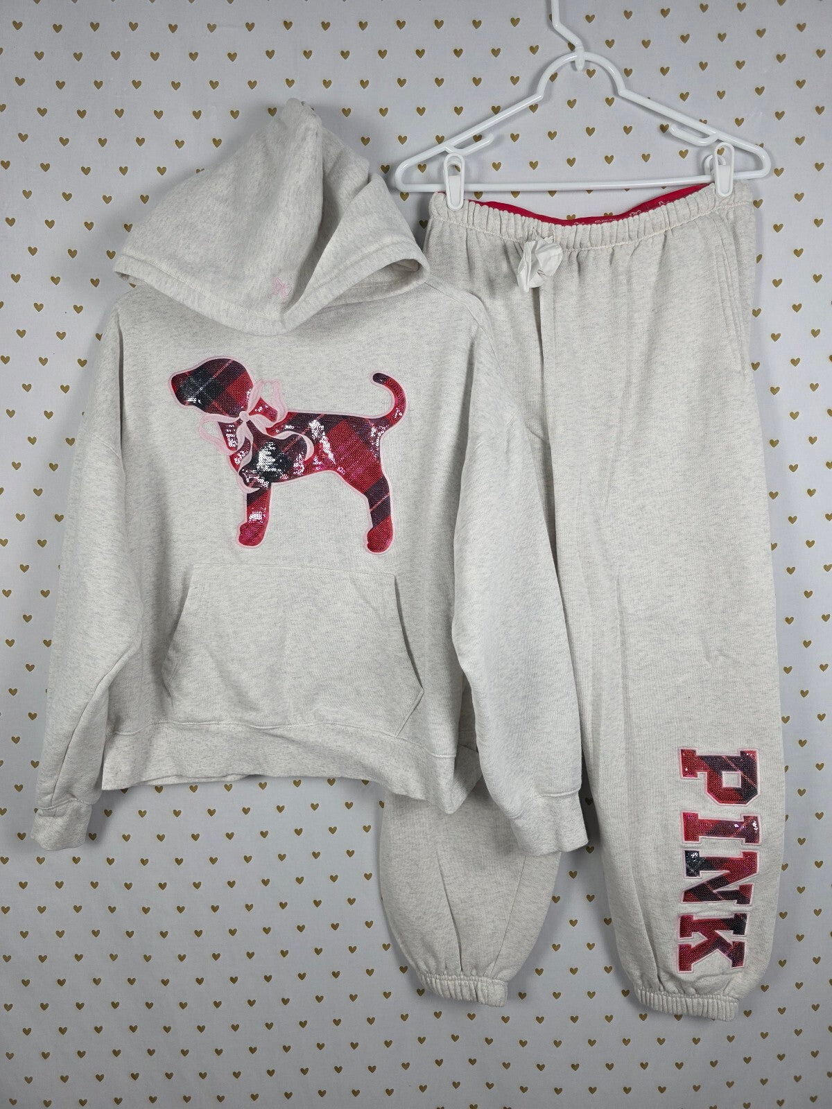 Victoria's Secret PINK x LoveShackFancy Dog Hoodie Jogger Set M Plaid BLING