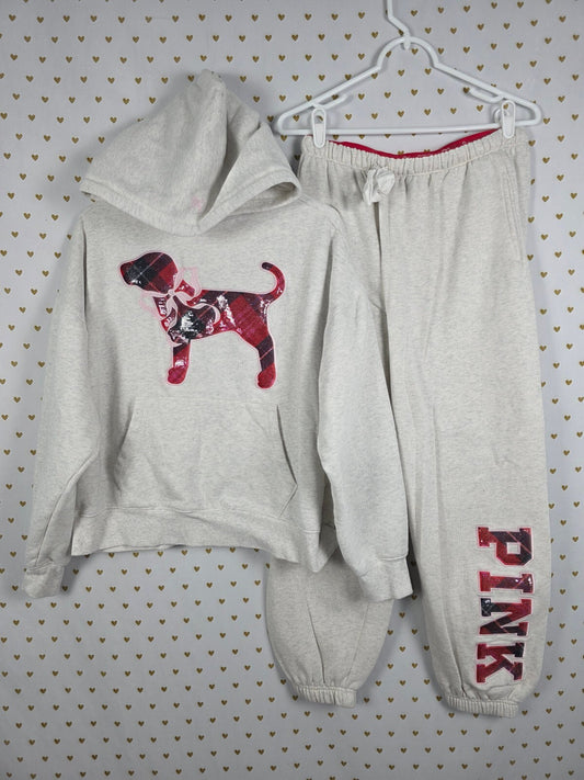 Victoria's Secret PINK x LoveShackFancy Dog Hoodie Jogger Set M Plaid BLING