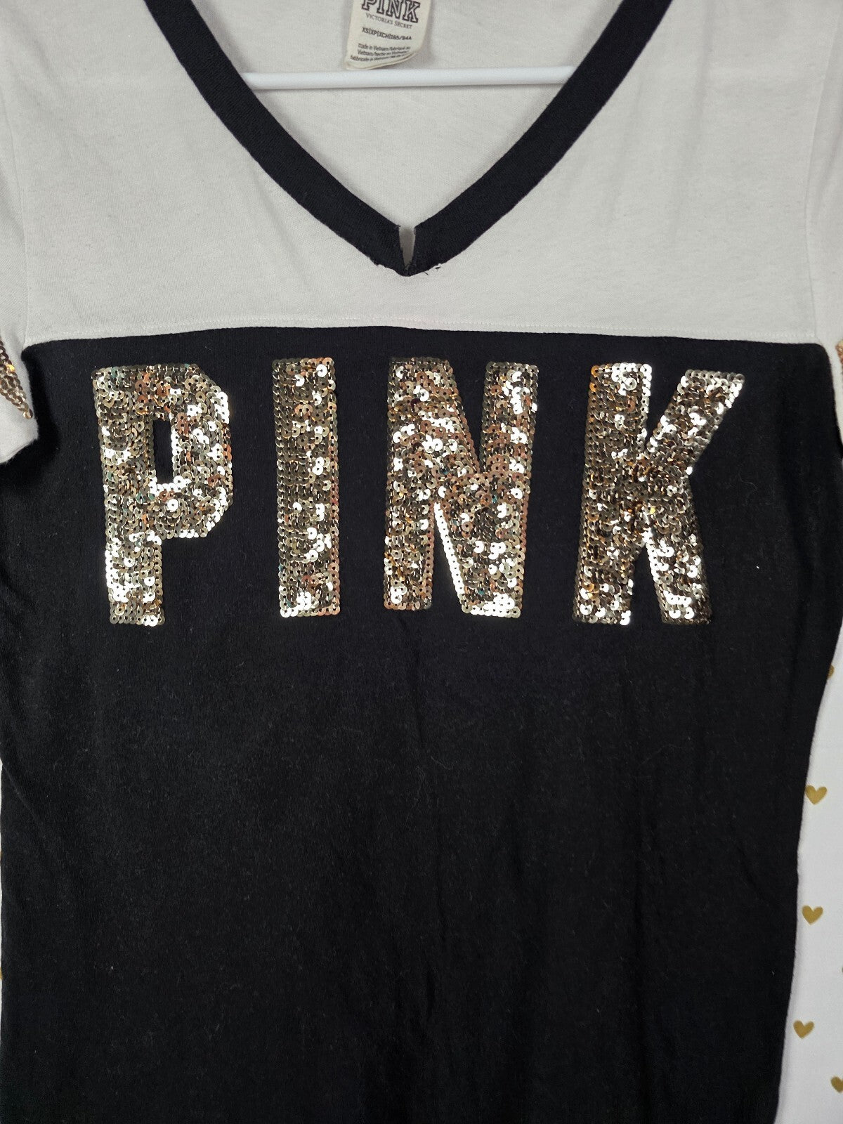 Victorias Secret PINK BLING V neck colorblock Gold Sequin Tee shirt XS