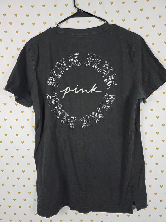 Victorias Secret PINK Black Bling Studded Tee shirt Logo Glitter MEDIUM