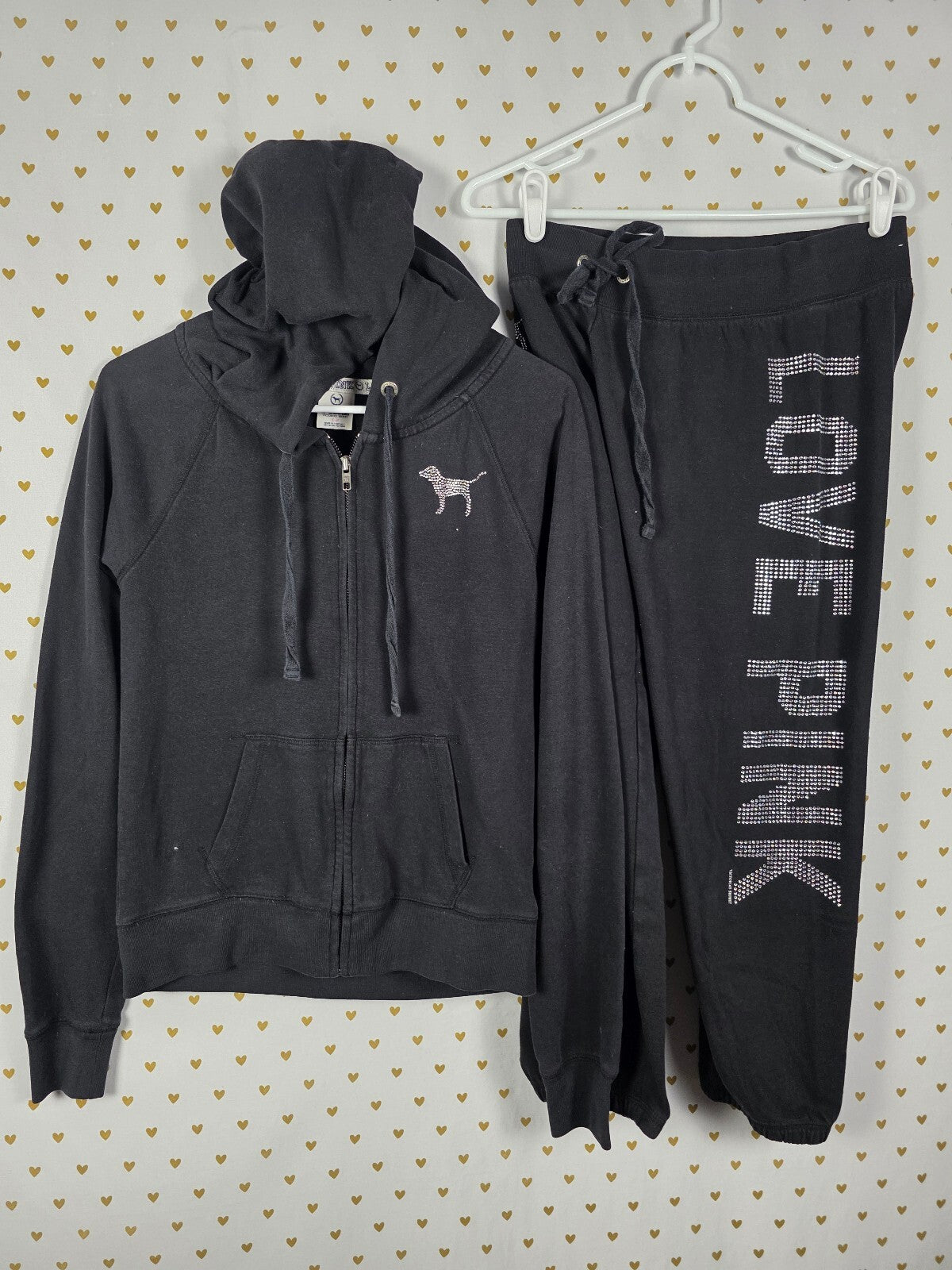 Victorias Secret Pink Vintage Bling Studded SET 2pc Hoodie Sweats XS SM Y2k