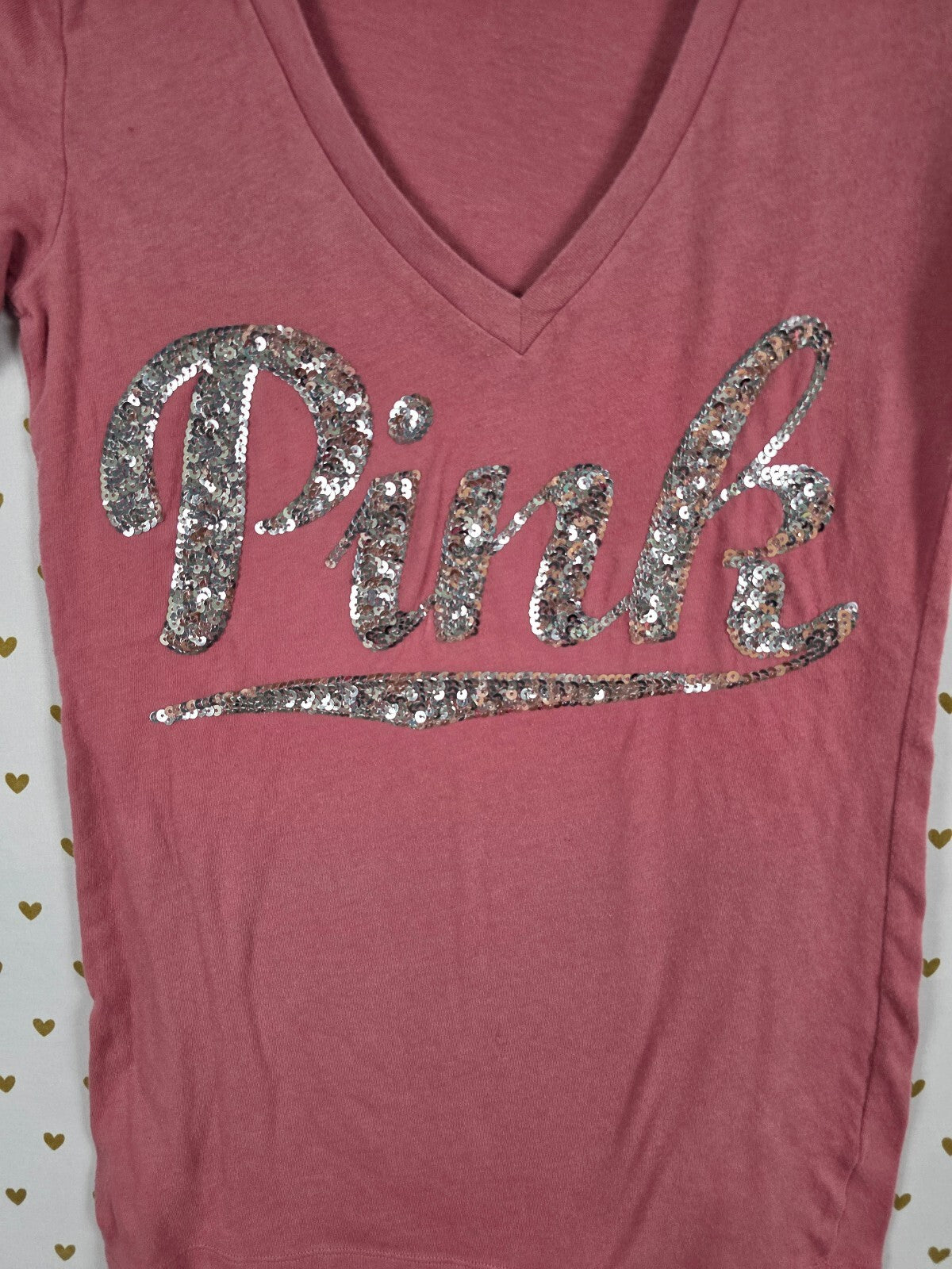 Victorias Secret PINK V neck Sequined Bling Tee shirt Small