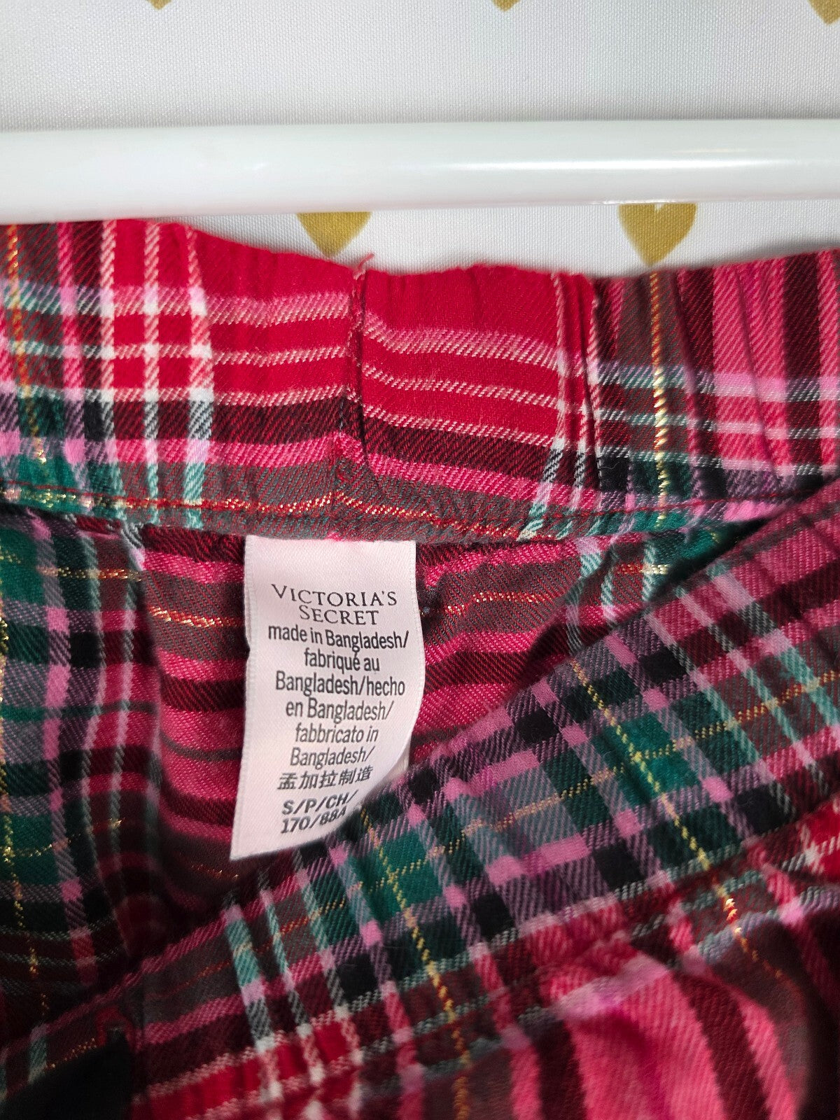 Victoria's Secret Pajama Set S Red Pink Green Plaid Gold Lurex Shorts