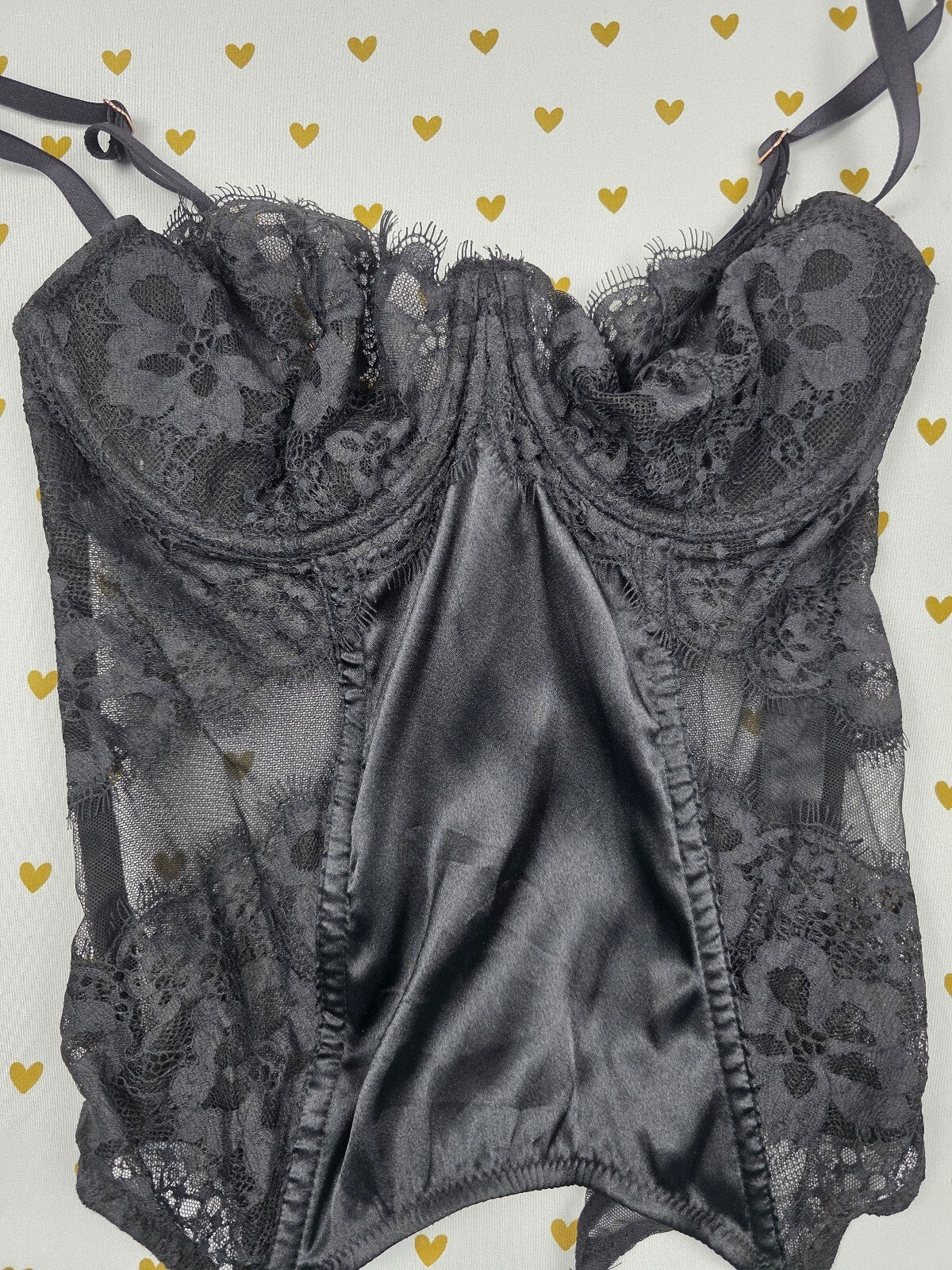 Victoria's Secret Black Lace Satin Bustier Corset Bodysuit 34C Sheer Lingerie