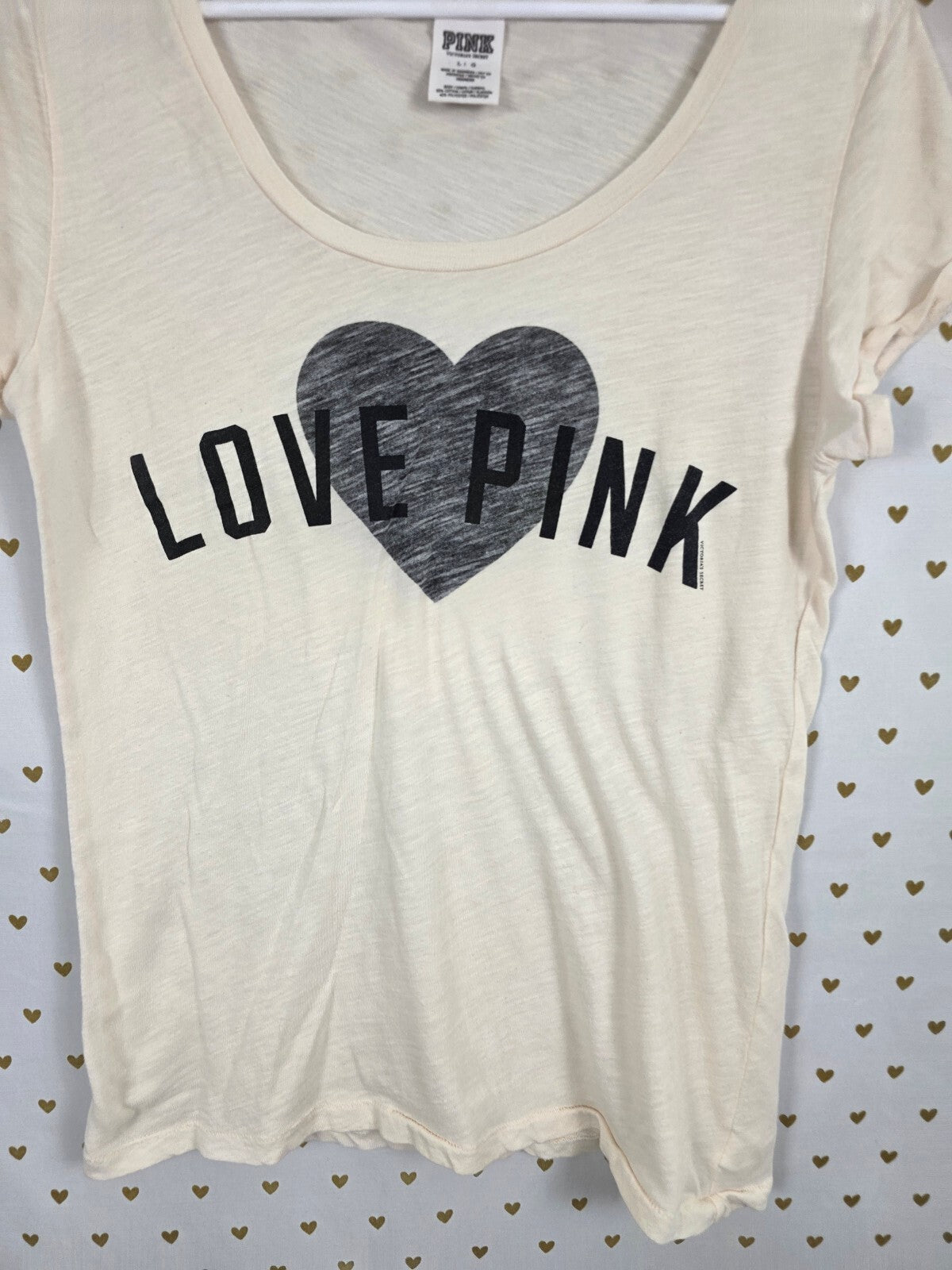 Victorias Secret PINK Love Heart Off White Tee shirt Large
