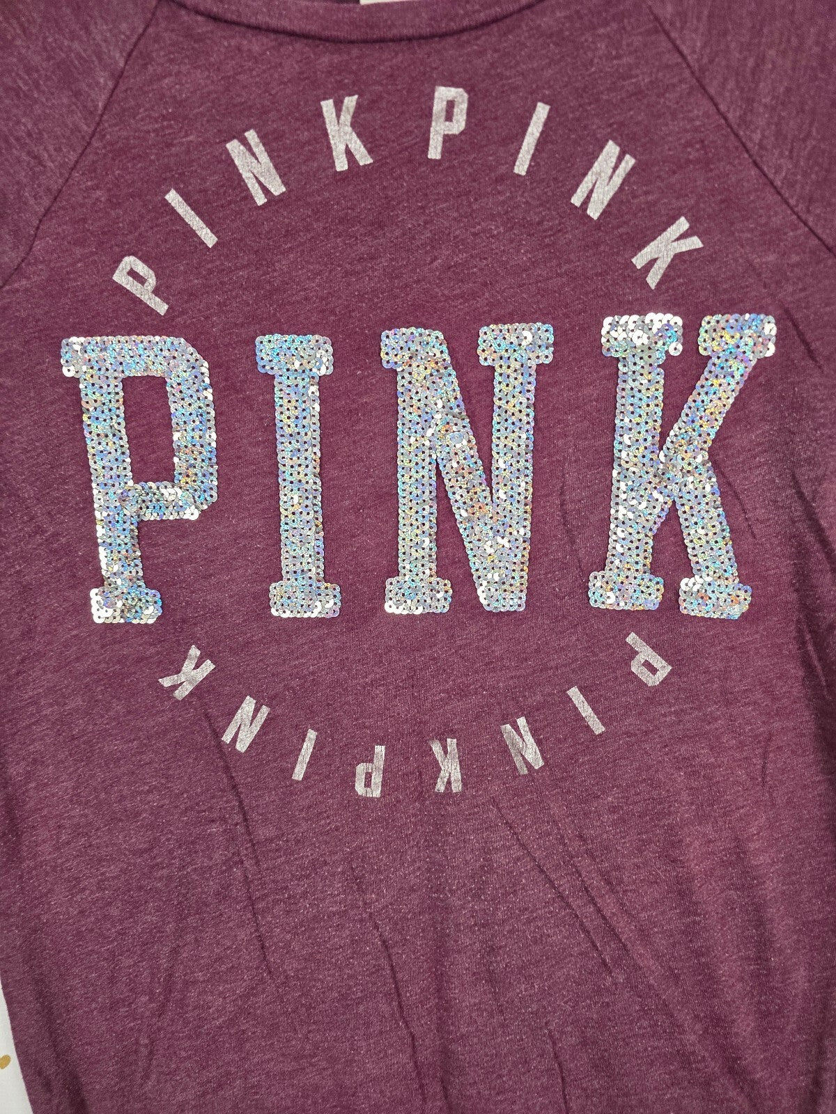 Victorias Secret PINK Maroon BLING Logo Tee shirt Sequined Silver XS