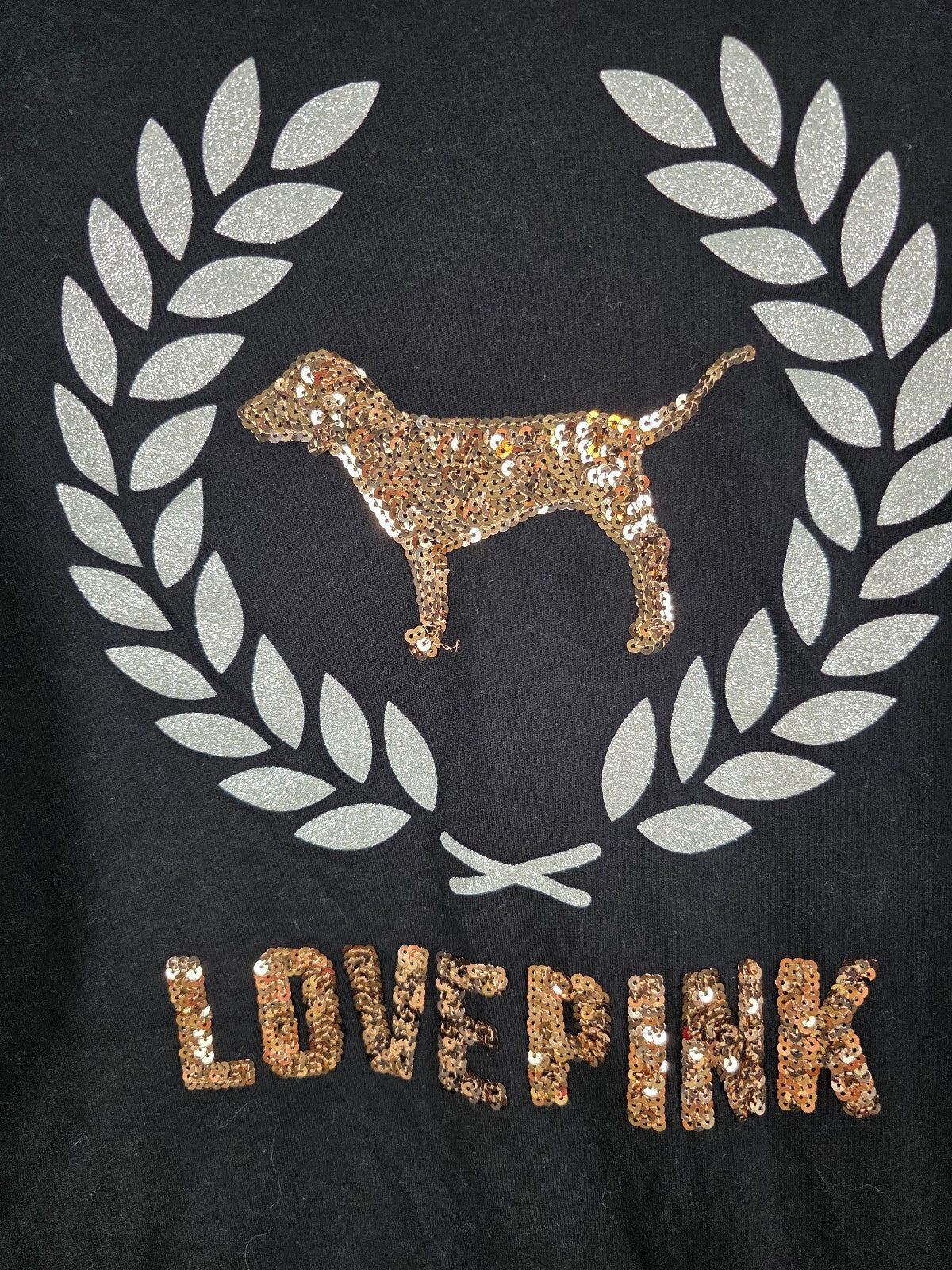 Victorias Secret PINK Gold Bling Crest Logo Dog SMALL Long Sleeve Tee Shirt