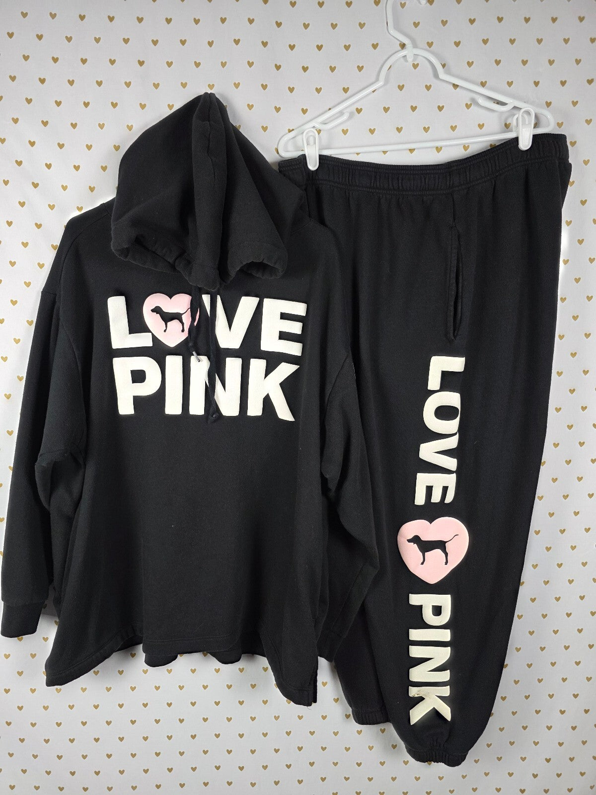 Victoria's Secret PINK LOVE Hoodie Jogger Set Black CAMPUS ORIGINALS XXL 2XL