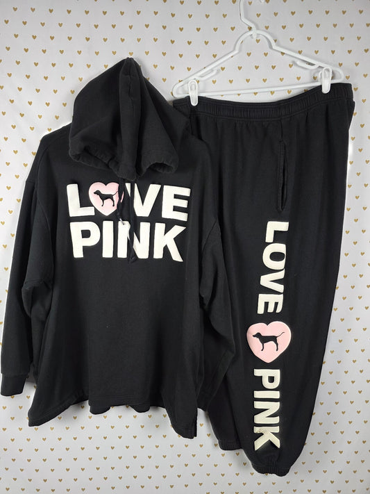 Victoria's Secret PINK LOVE Hoodie Jogger Set Black CAMPUS ORIGINALS XXL 2XL
