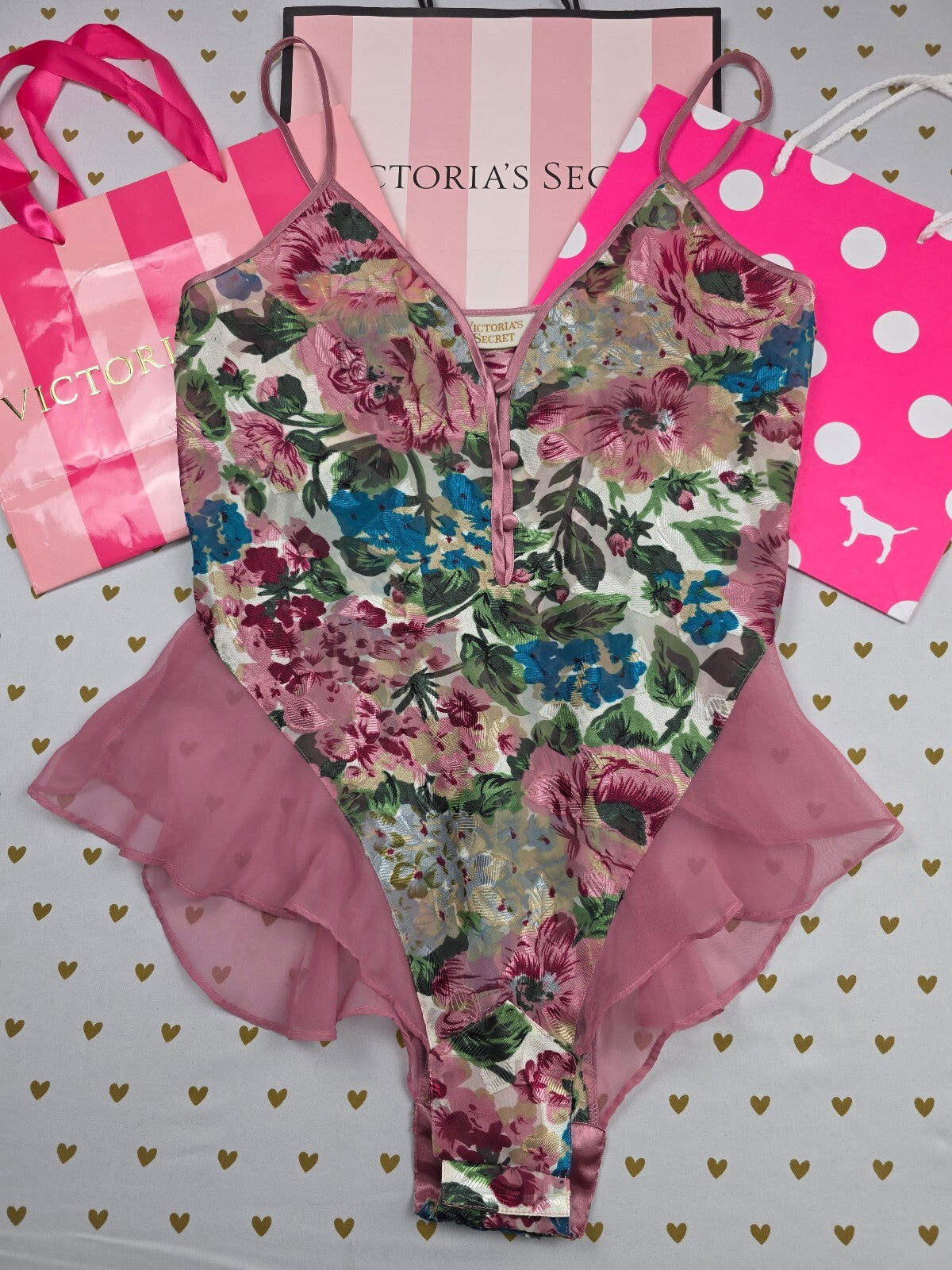Vintage Victoria's Secret Floral Jacquard Teddy Bodysuit & Matching Robe Set