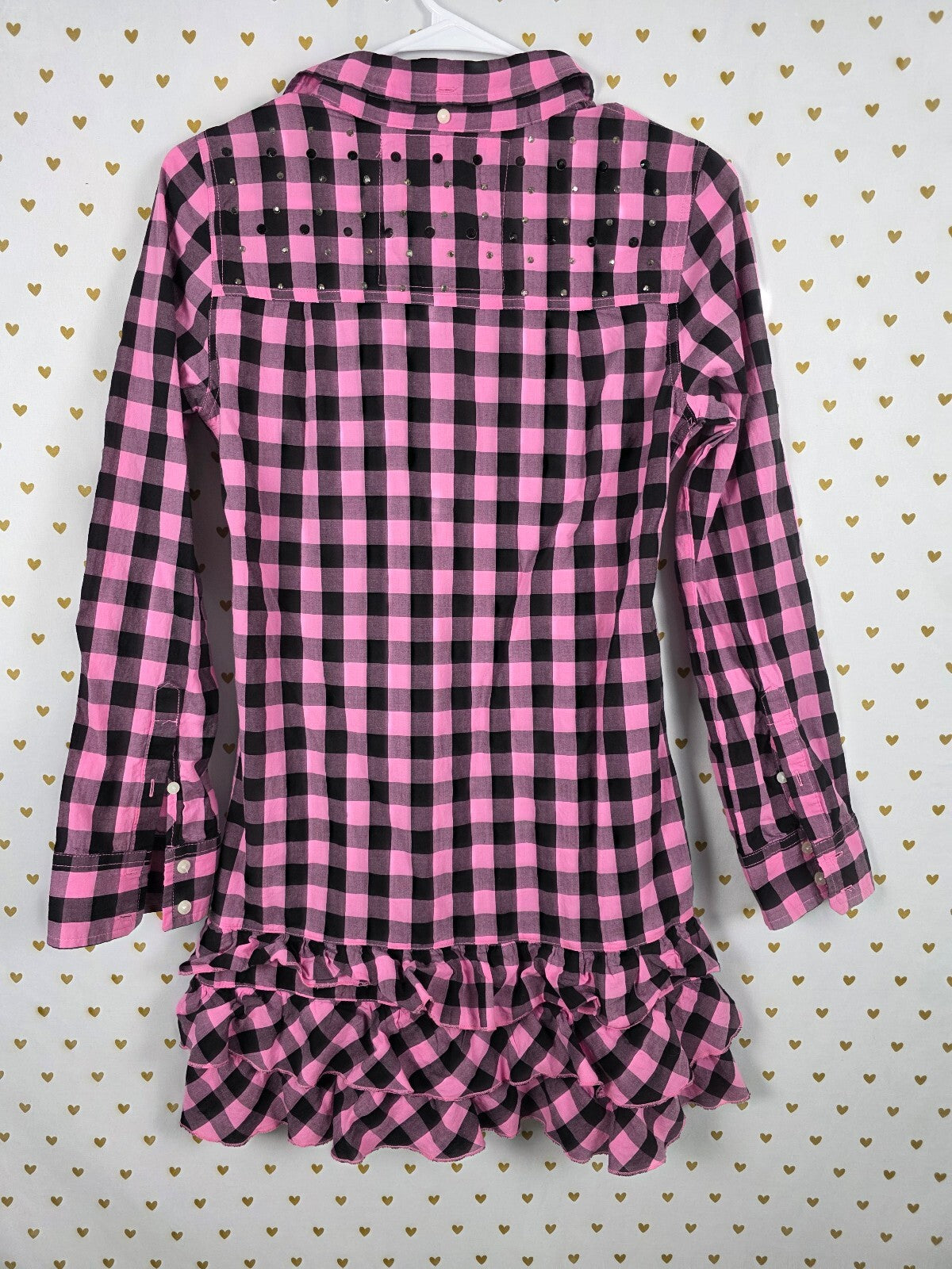 Victoria's Secret PINK Plaid Ruffle Shirt Dress S/P Pink Black BLING Rhinestone