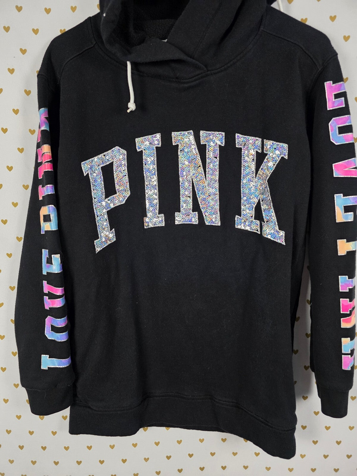 Victorias Secret Pink Bling Watercolor Hooded Sweater Logo Sequined XS