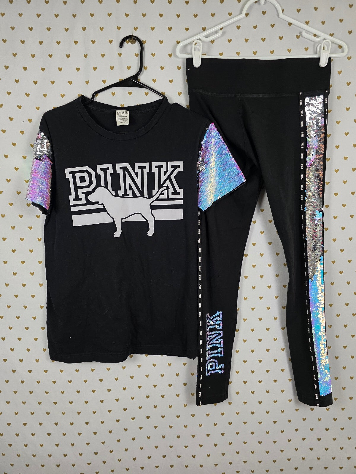 Victorias Secret PINK Mermaid Flip Bling Yoga Pants & Tee set outfit Small HTF