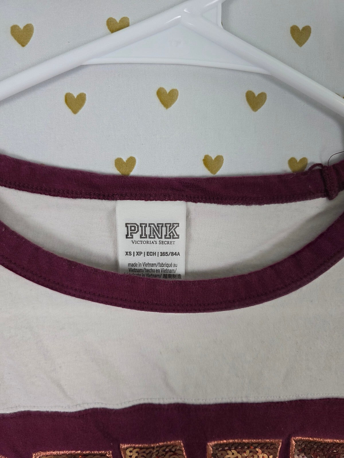 Victorias Secret PINK Maroon Gold BLING quarter sleeve Tee shirt XS