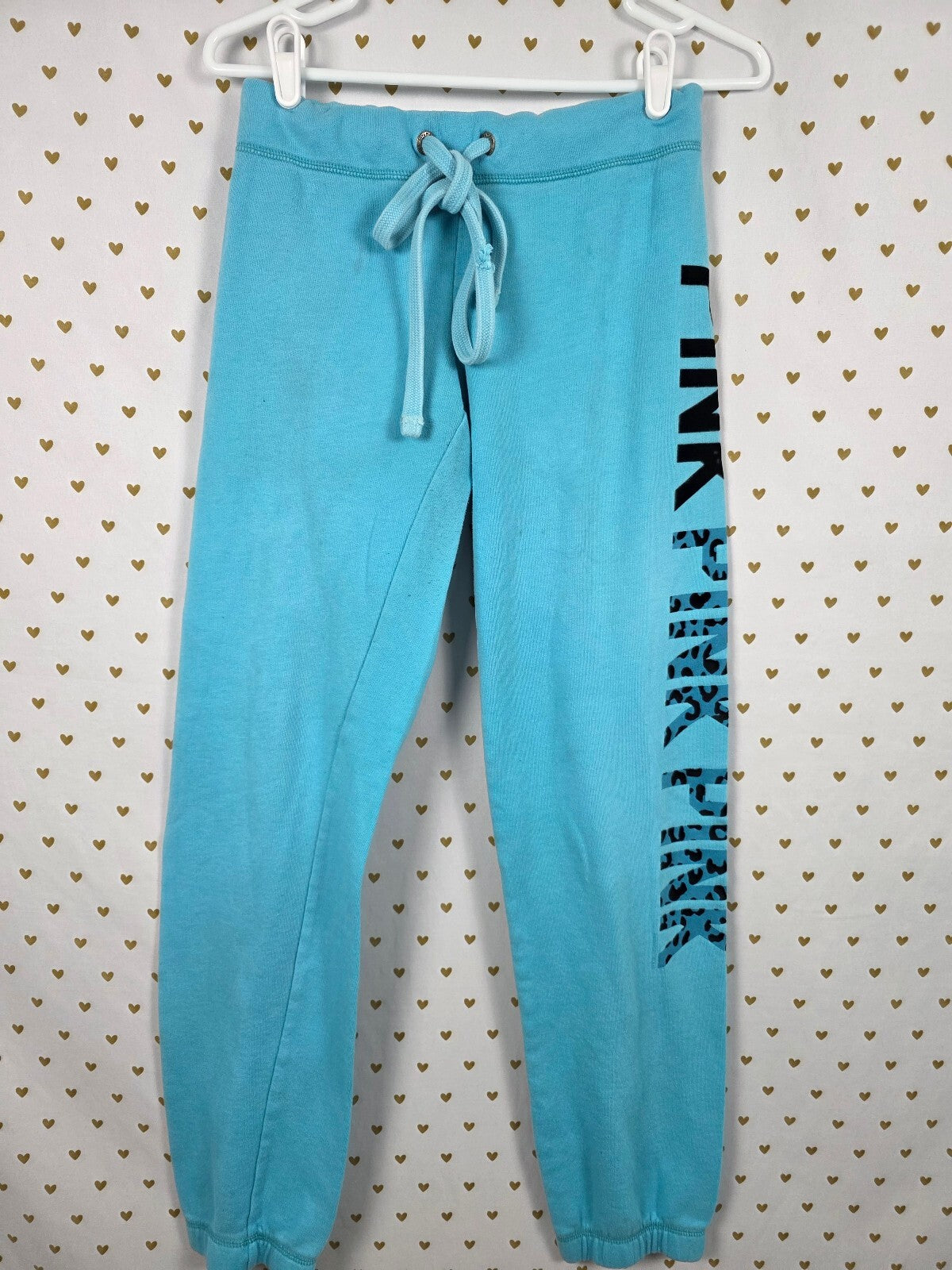 PINK Victoria's Secret Aqua Blue Jogger Sweatpants Leopard Logo Graphic XS
