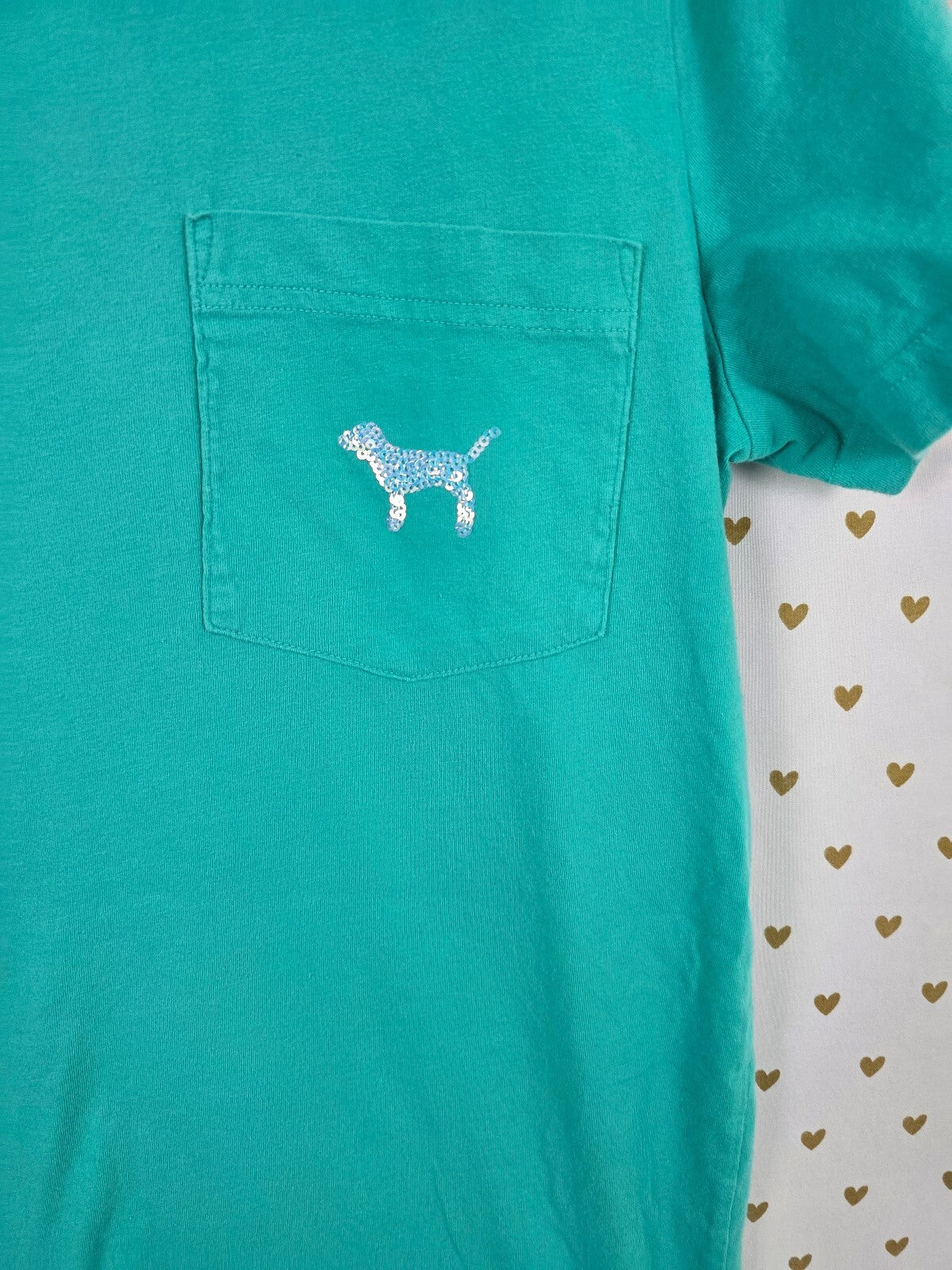 Victorias Secret PINK teal Mermaid Bling Tee shirt 86 Pocket Short Sleeve Large