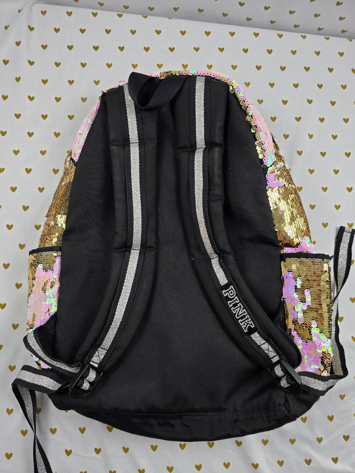 Victoria's Secret PINK Flip Sequin Backpack Gold Pink LOVE PINK Book Bag