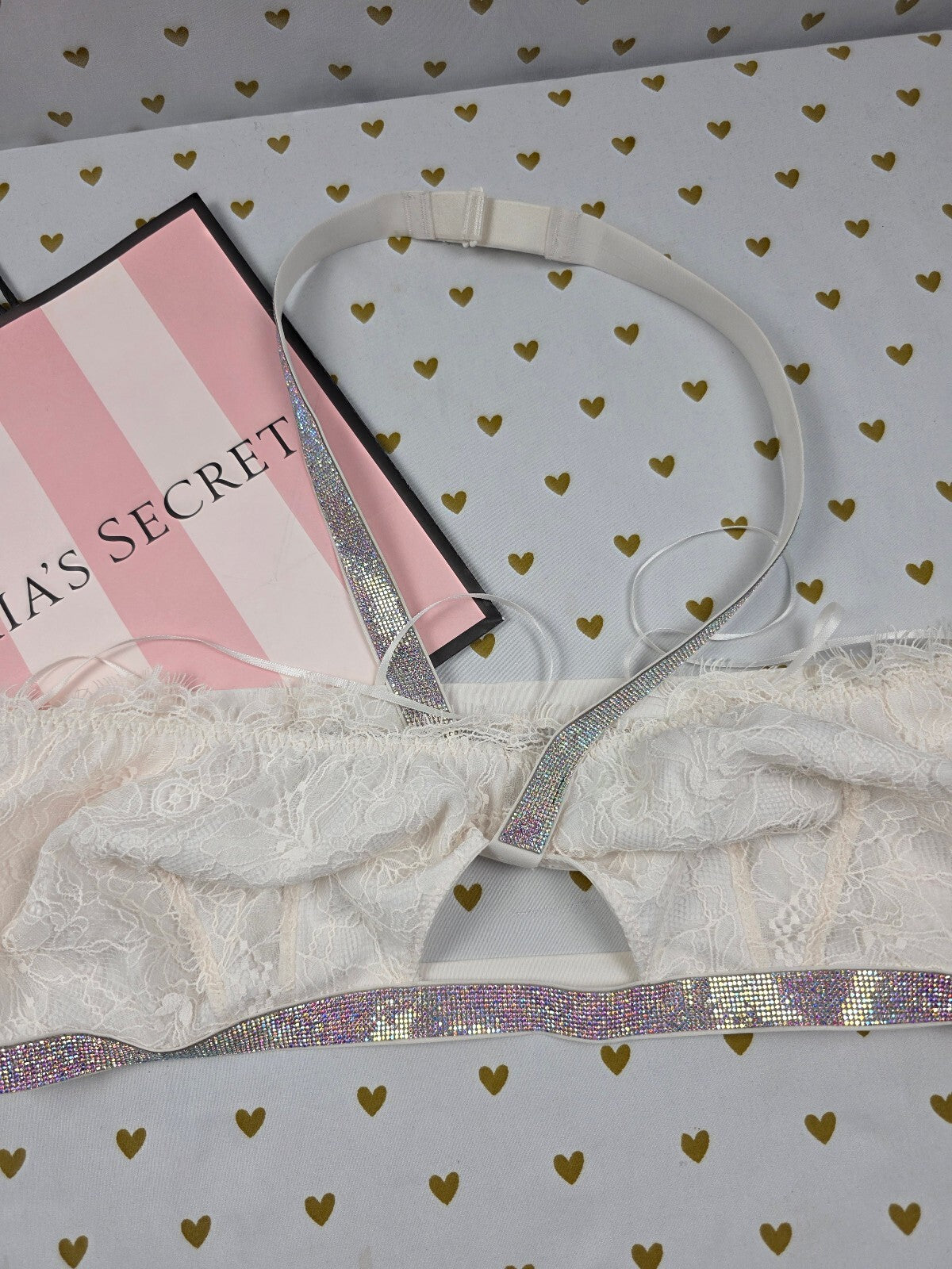 Victoria's Secret Shine Strap Lace Bralette Mini Skirt Set L Rhinestone BLING