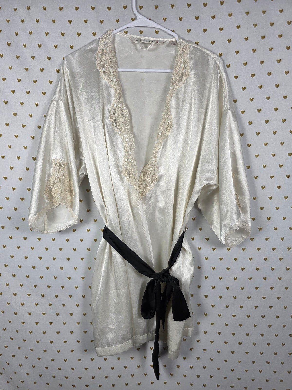 Victorias Secret Satin Silky Robe White VINTAGE Heart Label embellished SEQUIN