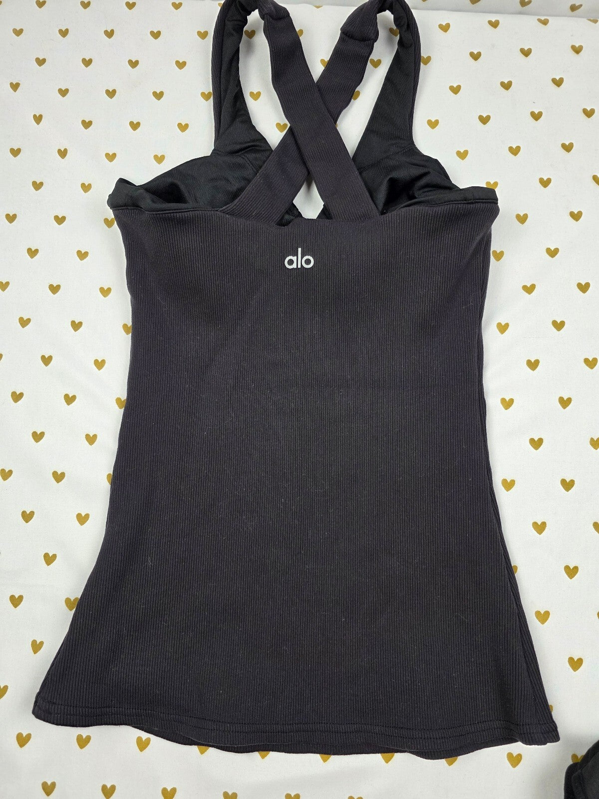 Alo Yoga Ribbed Cross Back Shelf Bra Tank Top Black Women's XS Athletic