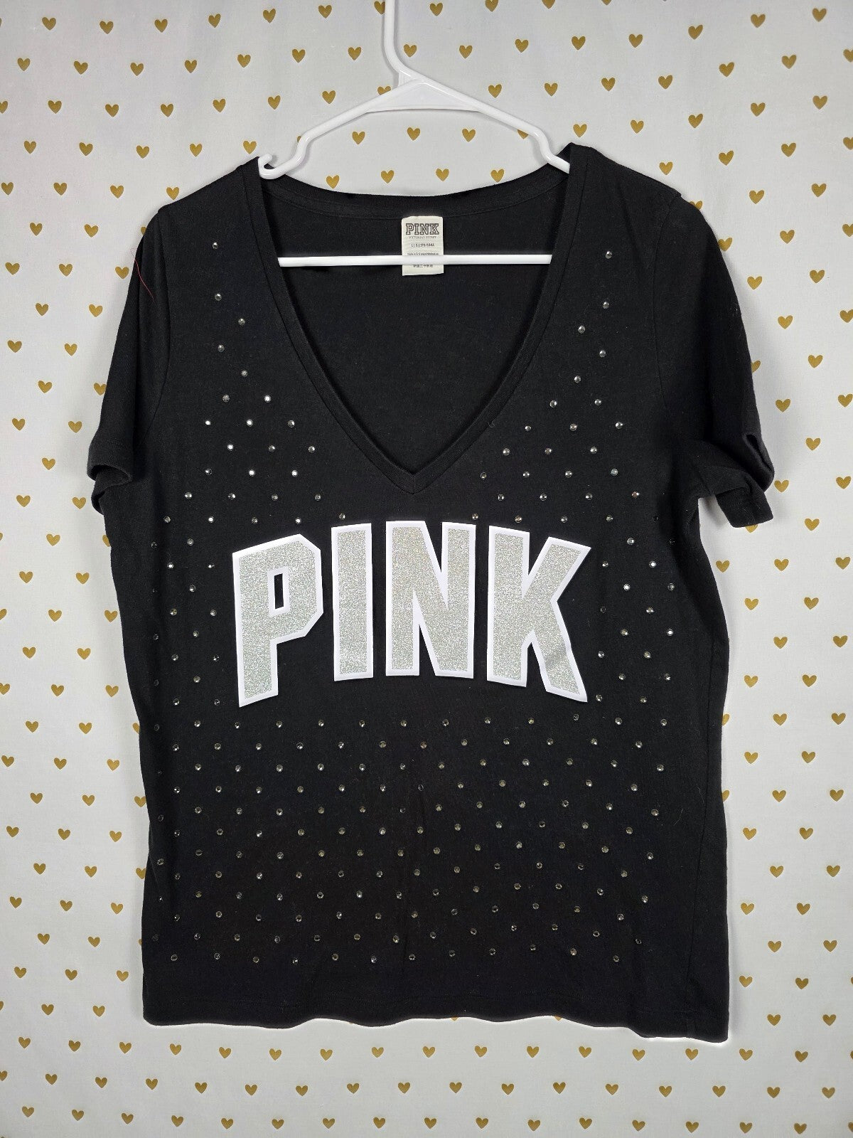 Victorias Secret PINK Bling Rhinestone Studded Logo V Neck Tee Shirt LARGE