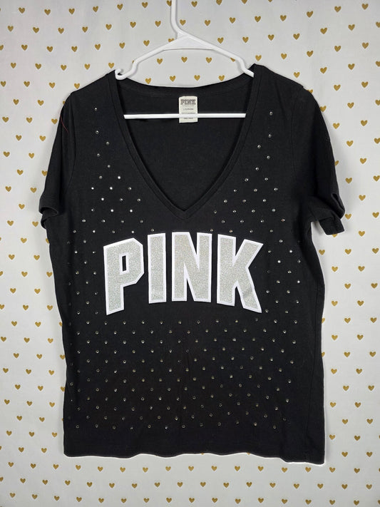 Victorias Secret PINK Bling Rhinestone Studded Logo V Neck Tee Shirt LARGE